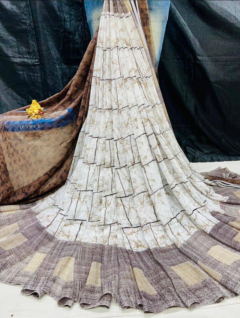     			SHIRODHARI Georgette Printed Saree With Unstitched Blouse Piece ( Brown )
