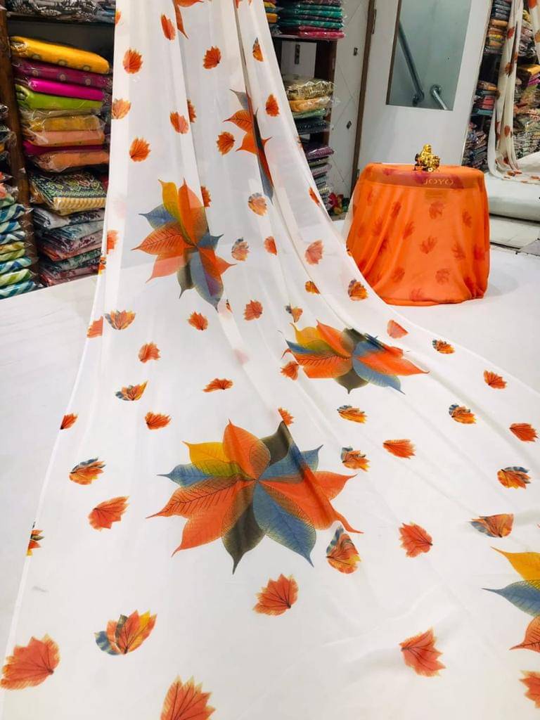 SHIRODHARI Georgette Printed Saree With Unstitched Blouse Piece ( Orange ) SHIRODHARI Georgette Printed Saree With Unstitched Blouse Piece ( Orange )