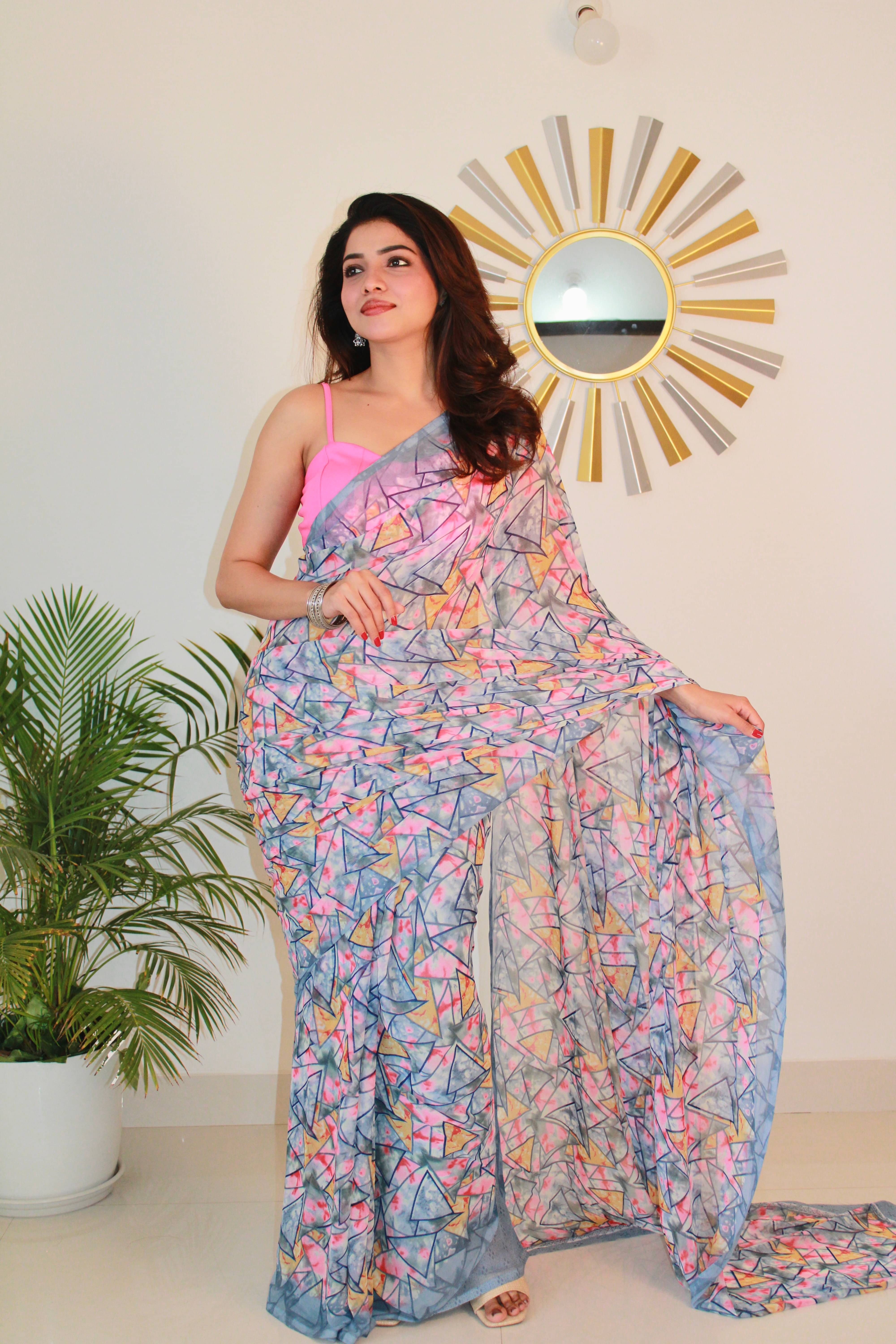 SHIRODHARI Georgette Printed Saree With Unstitched Blouse Piece ( Grey ) SHIRODHARI Georgette Printed Saree With Unstitched Blouse Piece ( Grey )