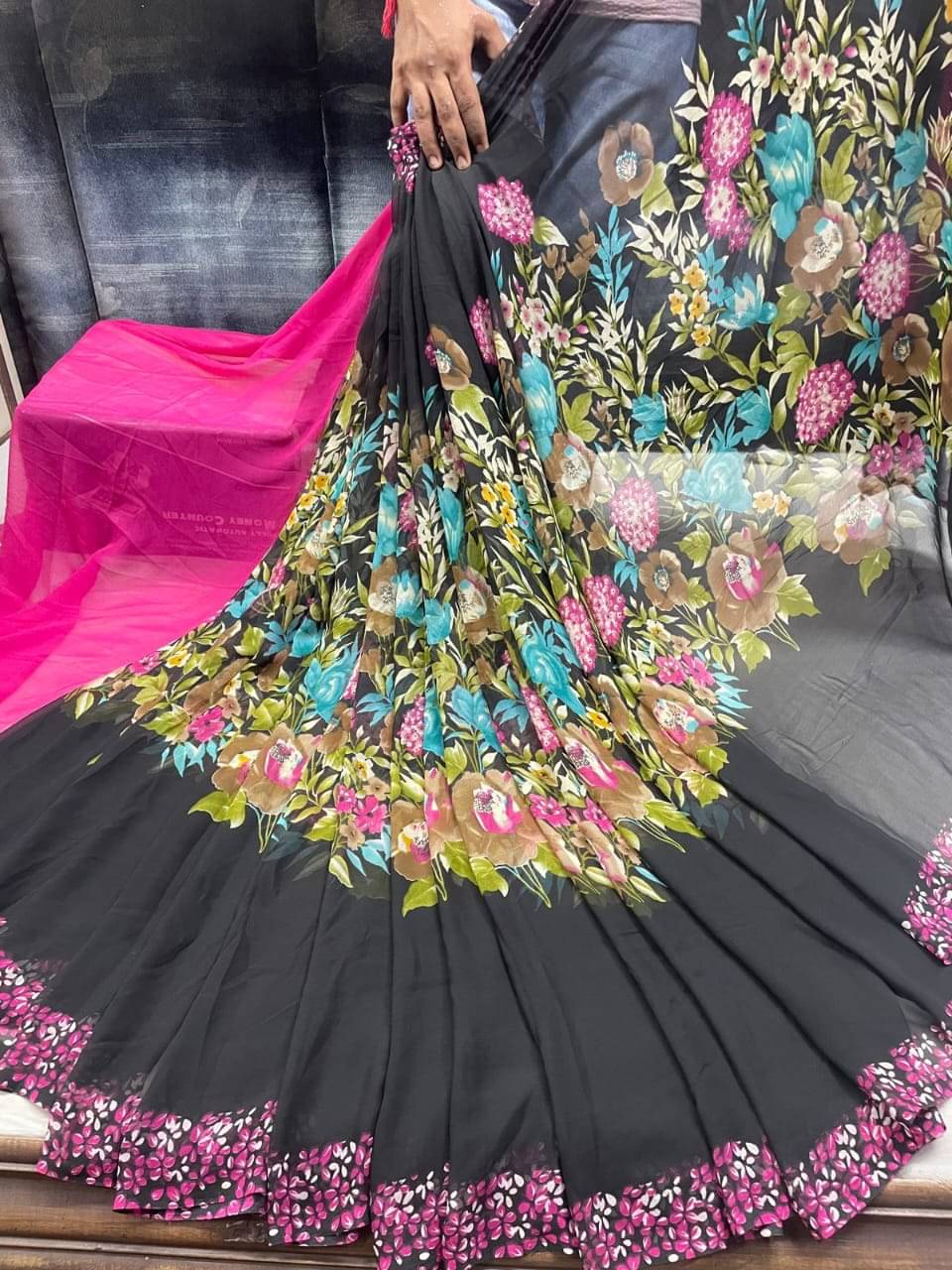 SHIRODHARI Georgette Printed Saree With Unstitched Blouse Piece ( Pink ) SHIRODHARI Georgette Printed Saree With Unstitched Blouse Piece ( Pink )