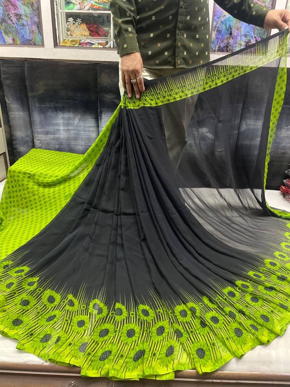 SHIRODHARI Georgette Printed Saree With Unstitched Blouse Piece ( Fluorescent Green ) SHIRODHARI Georgette Printed Saree With Unstitched Blouse Piece ( Fluorescent Green )