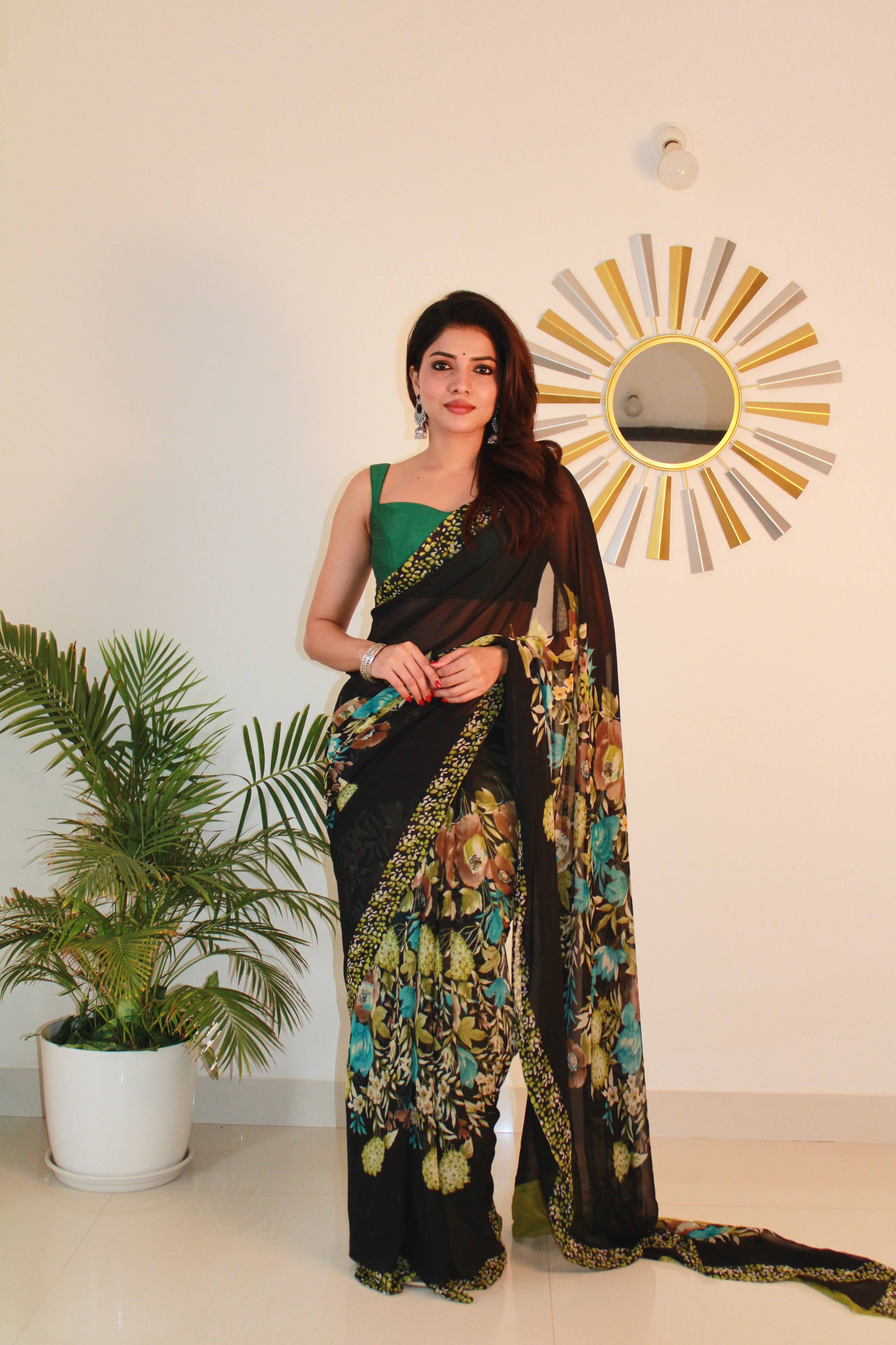 SHIRODHARI Georgette Printed Saree With Unstitched Blouse Piece ( Fluorescent Green ) SHIRODHARI Georgette Printed Saree With Unstitched Blouse Piece ( Fluorescent Green )