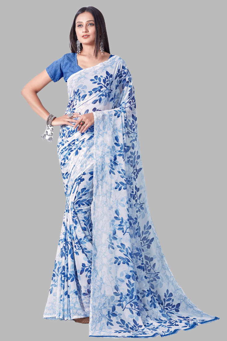     			SHIRODHARI Georgette Printed Saree With Unstitched Blouse Piece ( Blue )