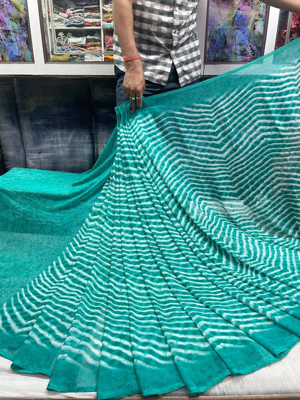 SHIRODHARI Georgette Printed Saree With Unstitched Blouse Piece ( Teal ) SHIRODHARI Georgette Printed Saree With Unstitched Blouse Piece ( Teal )