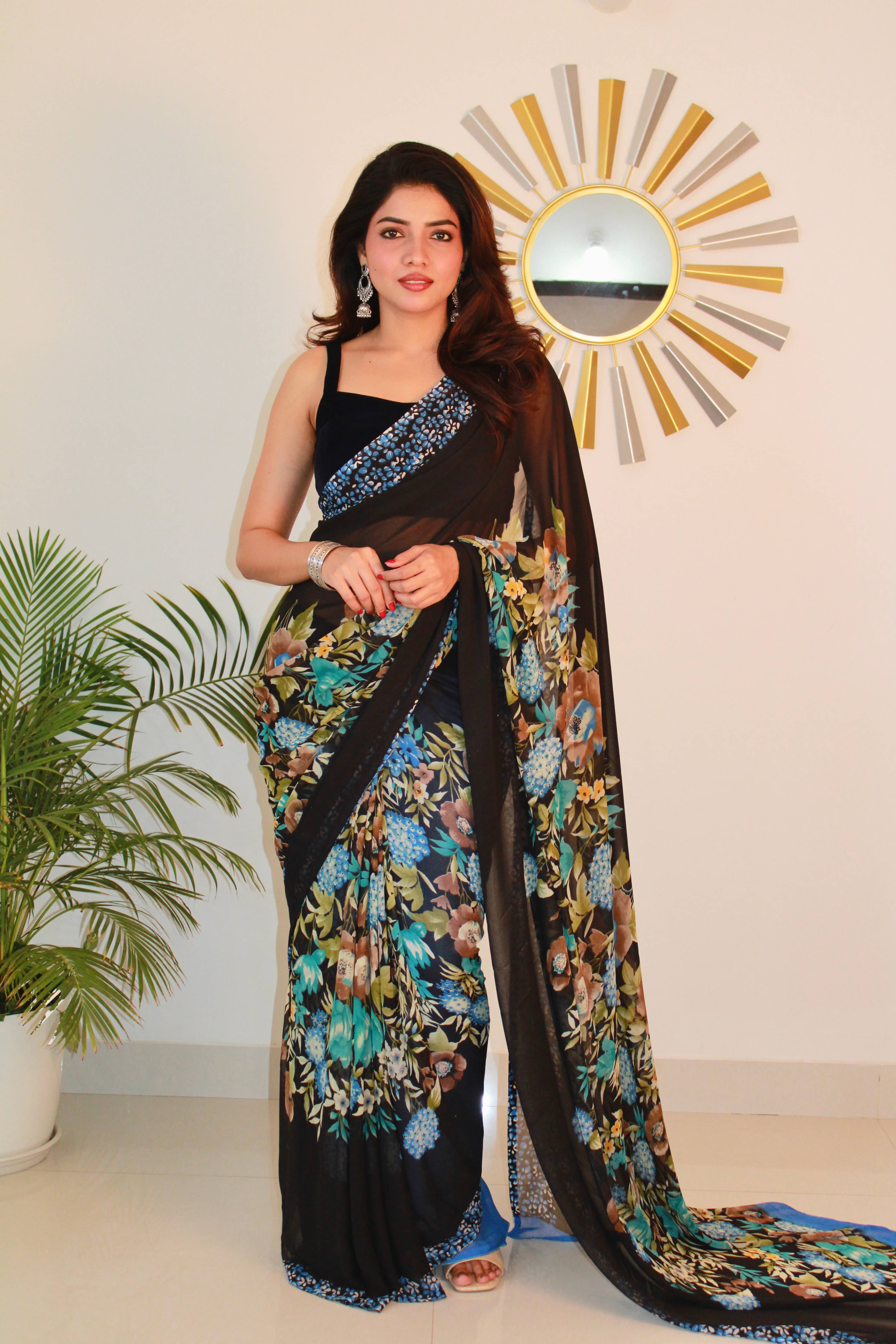     			SHIRODHARI Georgette Printed Saree With Unstitched Blouse Piece ( Blue )
