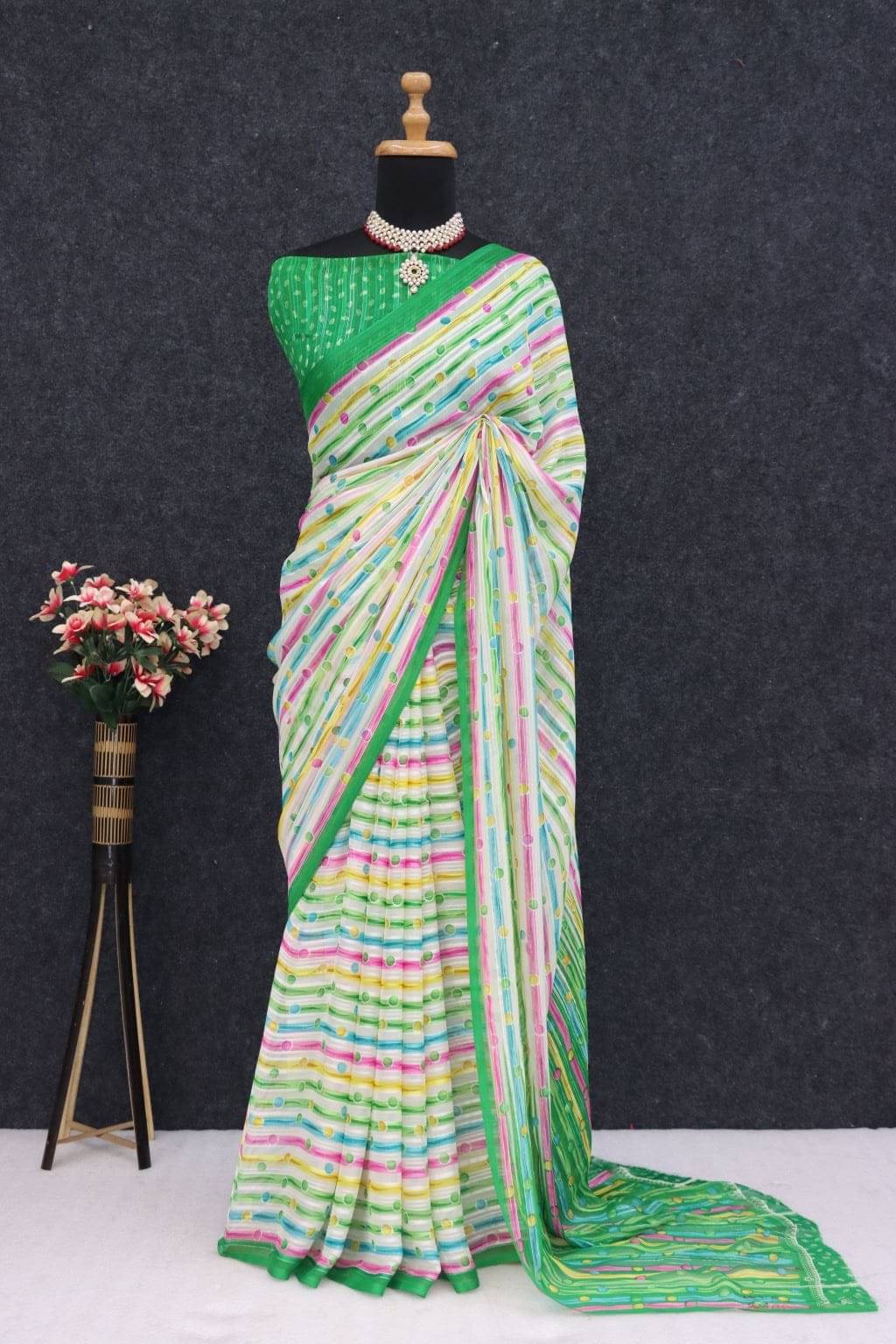 SHIRODHARI Georgette Printed Saree With Unstitched Blouse Piece ( Green ) SHIRODHARI Georgette Printed Saree With Unstitched Blouse Piece ( Green )