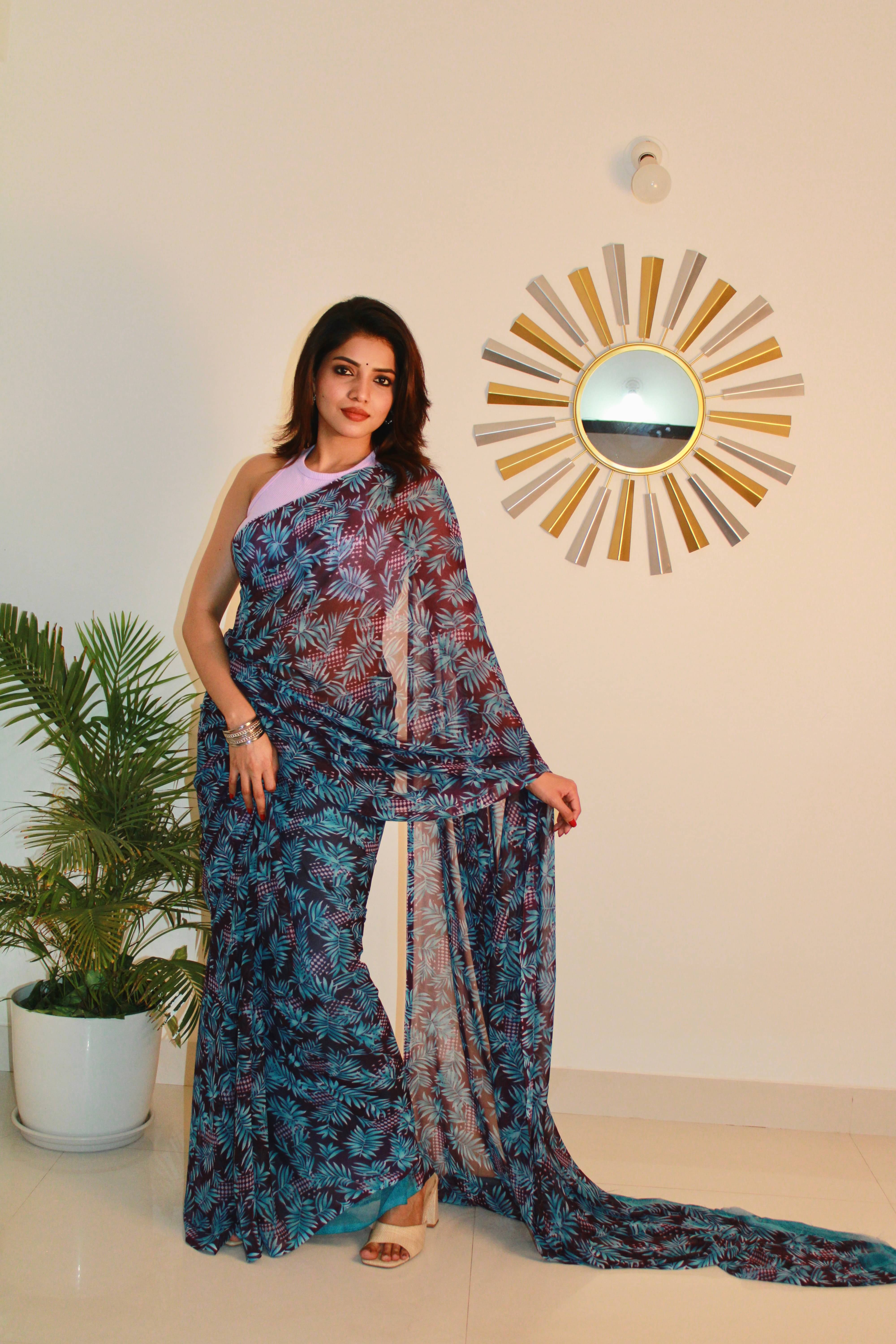 SHIRODHARI Georgette Printed Saree With Unstitched Blouse Piece ( Blue ) SHIRODHARI Georgette Printed Saree With Unstitched Blouse Piece ( Blue )