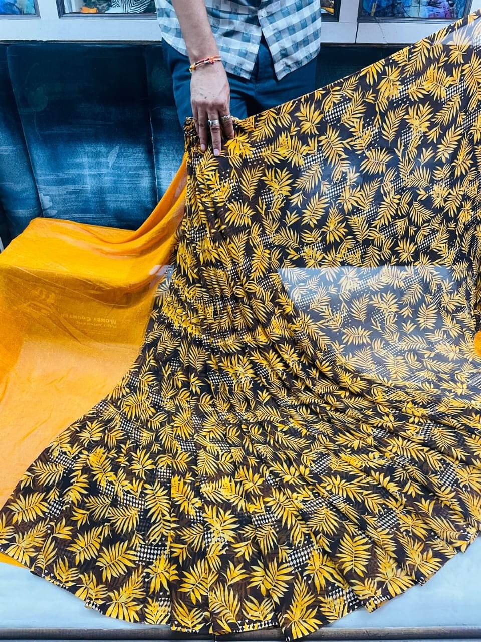 SHIRODHARI Georgette Printed Saree With Unstitched Blouse Piece ( Yellow ) SHIRODHARI Georgette Printed Saree With Unstitched Blouse Piece ( Yellow )