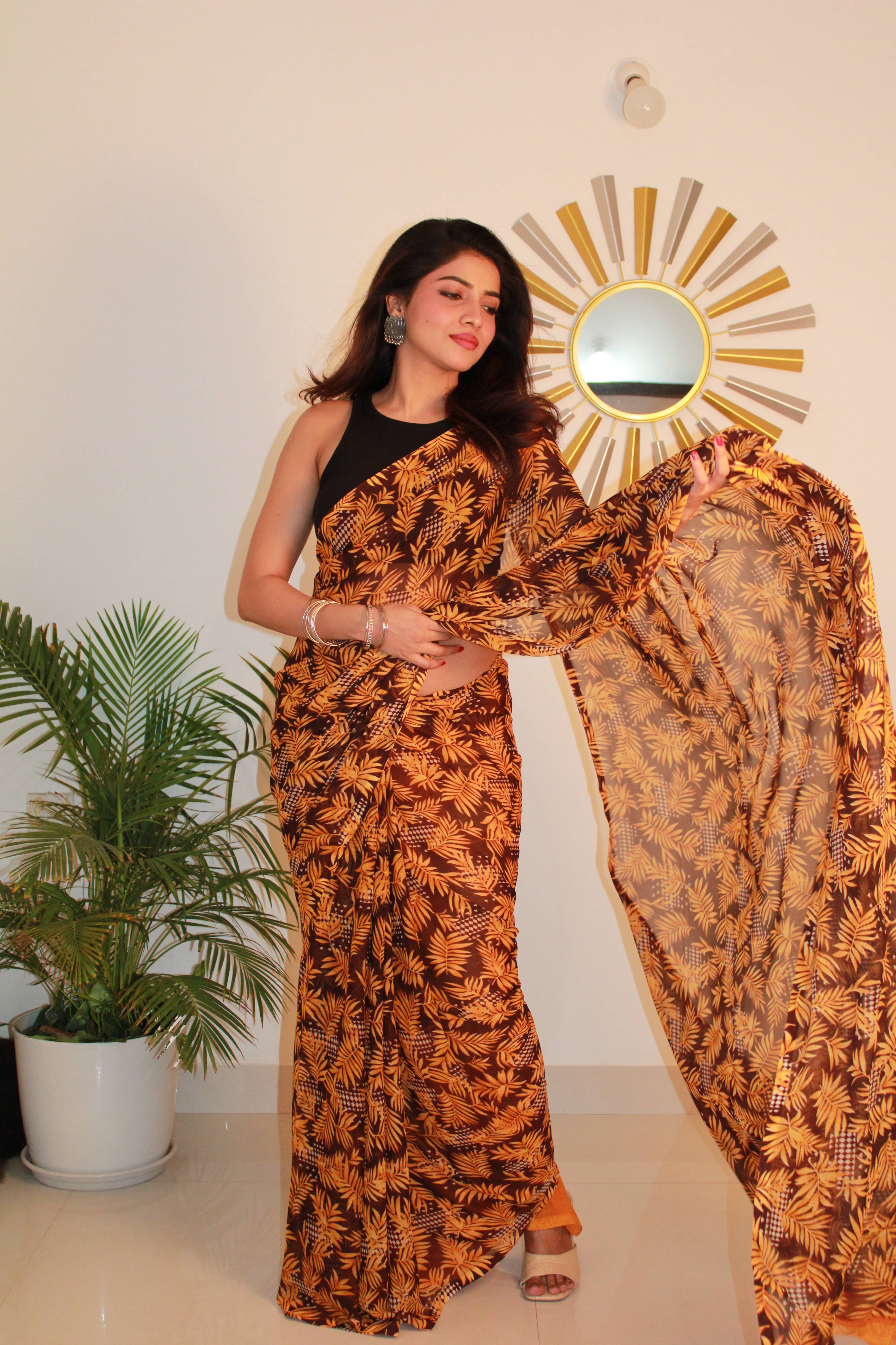 SHIRODHARI Georgette Printed Saree With Unstitched Blouse Piece ( Yellow )     			SHIRODHARI Georgette Printed Saree With Unstitched Blouse Piece ( Yellow )