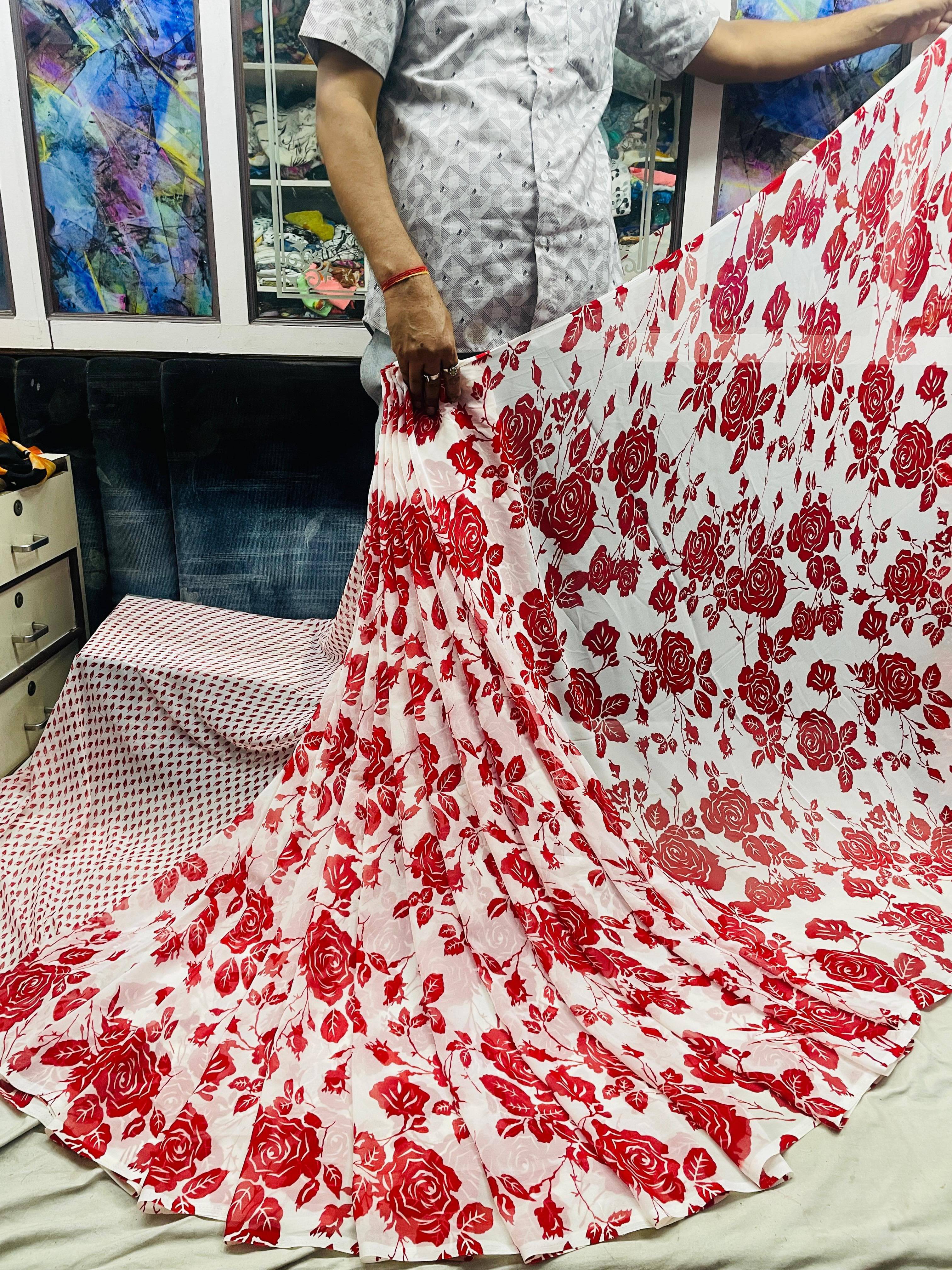 SHIRODHARI Georgette Printed Saree With Unstitched Blouse Piece ( Red ) SHIRODHARI Georgette Printed Saree With Unstitched Blouse Piece ( Red )