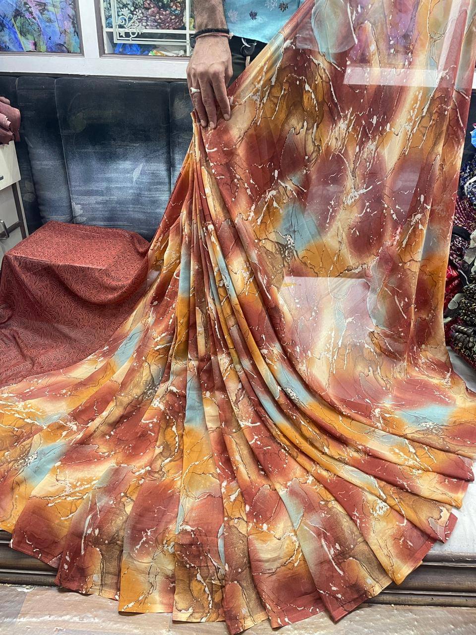     			SHIRODHARI Georgette Printed Saree With Unstitched Blouse Piece ( Orange )
