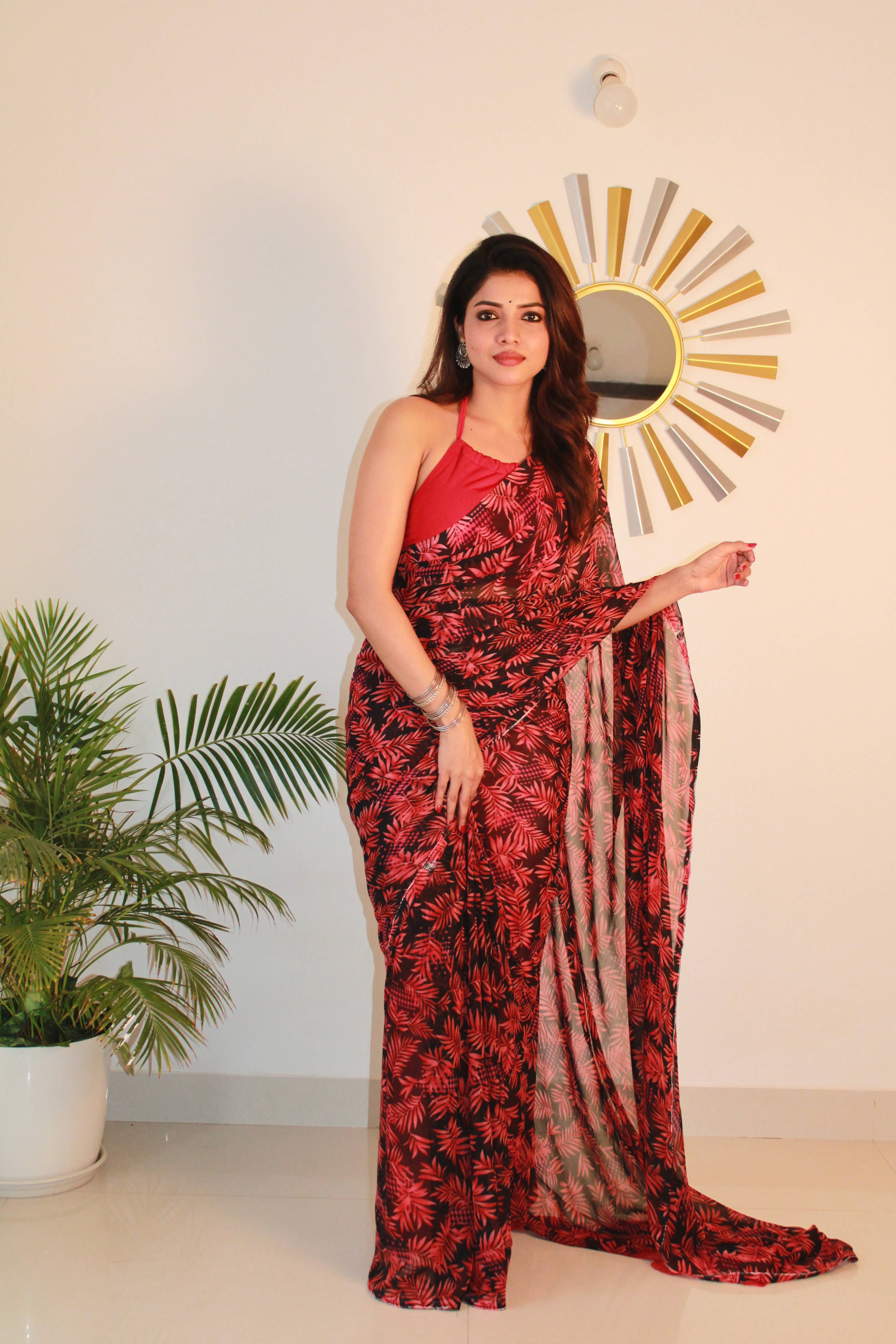 SHIRODHARI Georgette Printed Saree With Unstitched Blouse Piece ( Red )     			SHIRODHARI Georgette Printed Saree With Unstitched Blouse Piece ( Red )