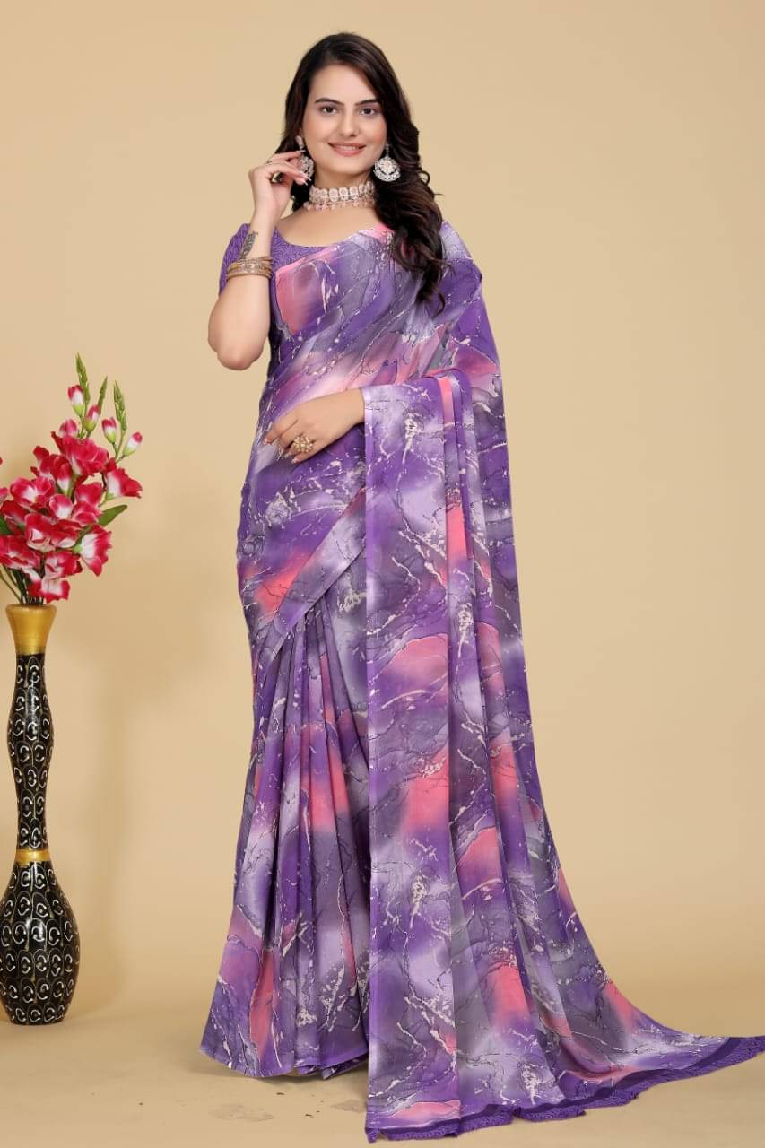     			SHIRODHARI Georgette Printed Saree With Unstitched Blouse Piece ( Purple )