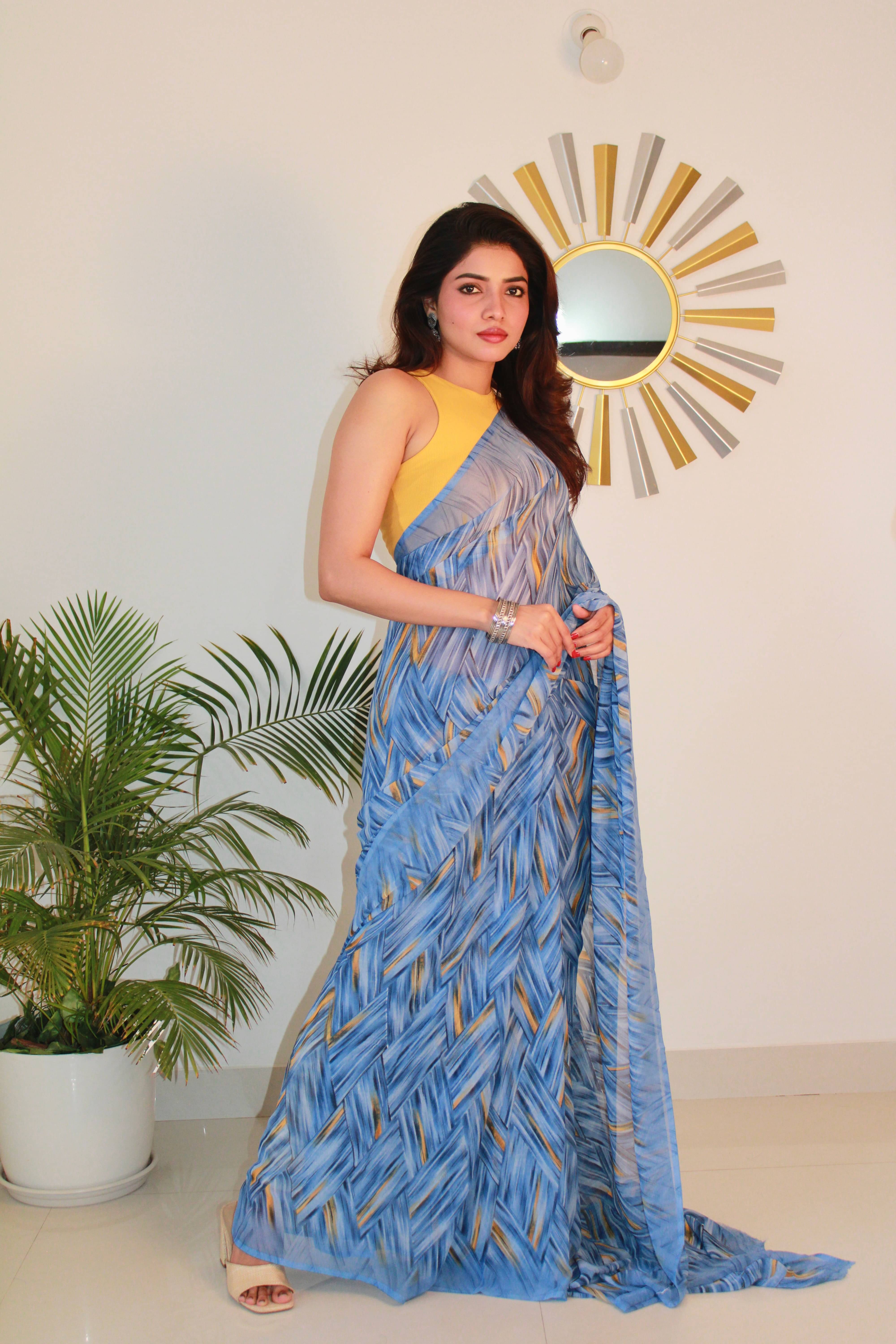     			SHIRODHARI Georgette Printed Saree With Unstitched Blouse Piece ( Blue )