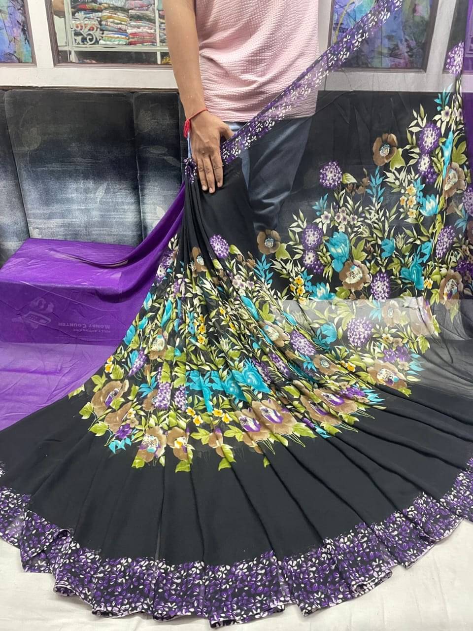 SHIRODHARI Georgette Printed Saree With Unstitched Blouse Piece ( Purple ) SHIRODHARI Georgette Printed Saree With Unstitched Blouse Piece ( Purple )
