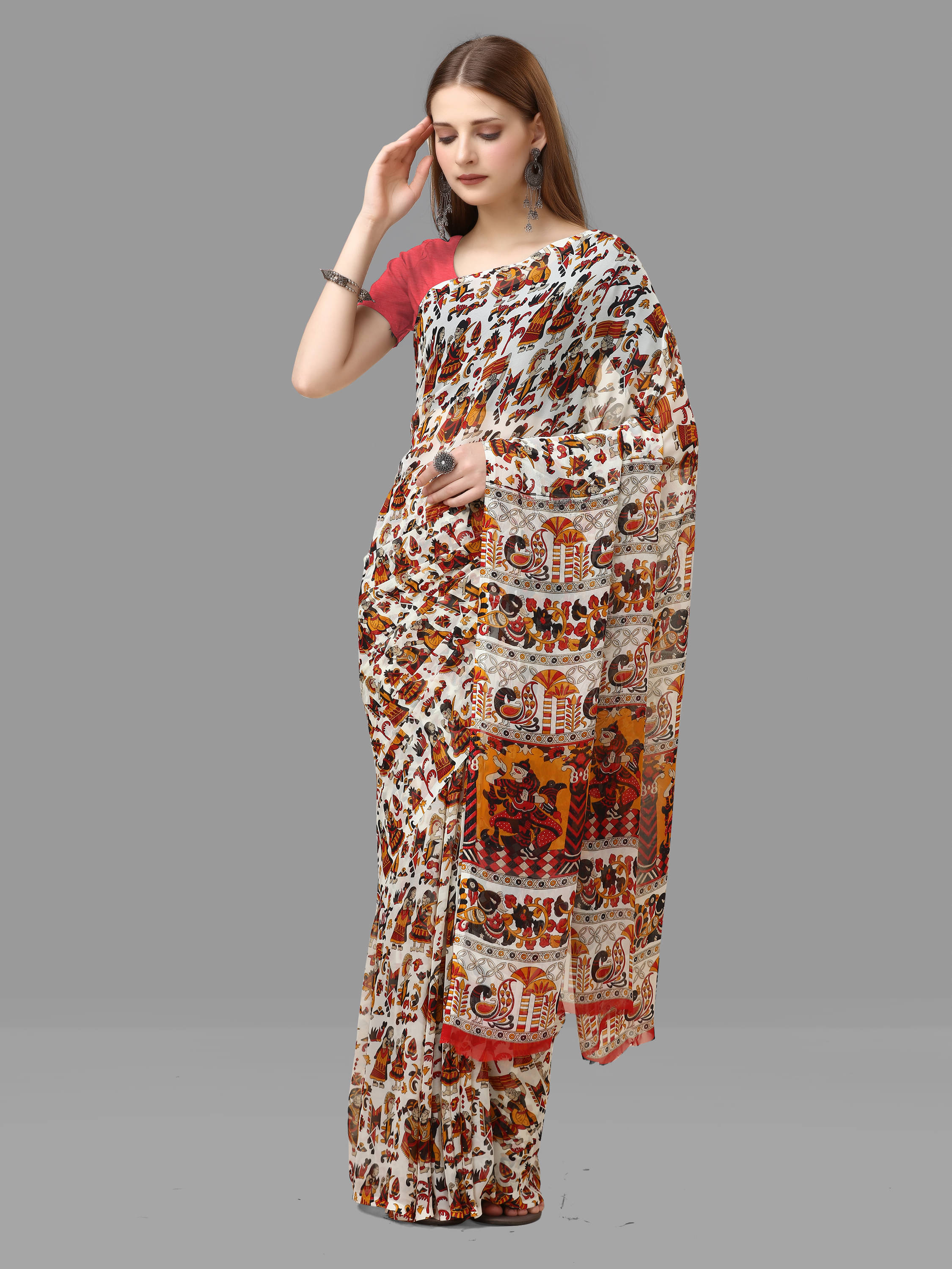     			SHIRODHARI Georgette Printed Saree With Unstitched Blouse Piece ( Red )