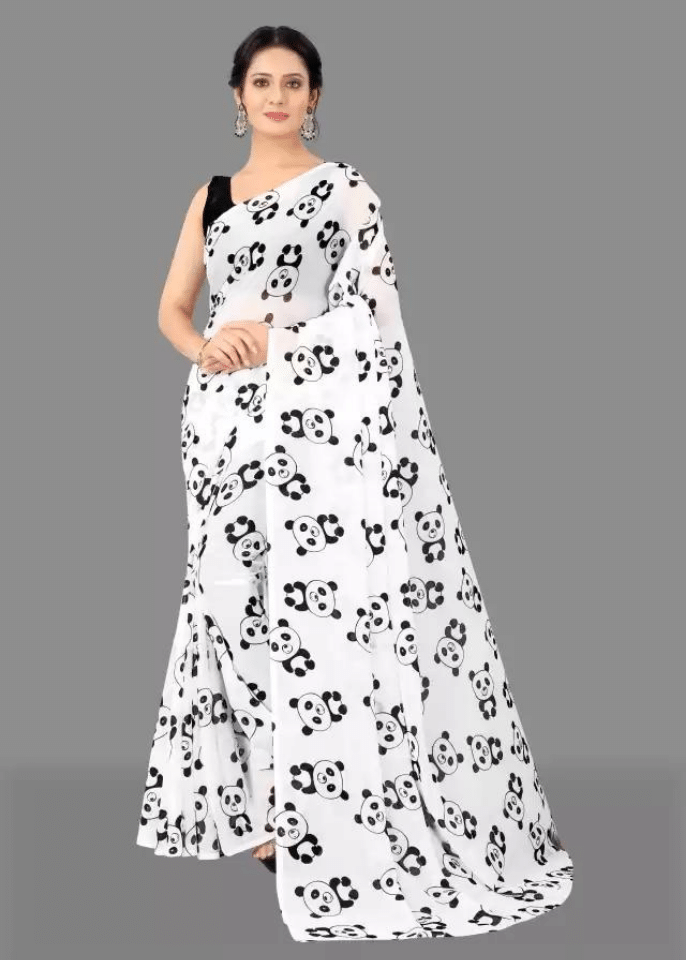 SHIRODHARI Georgette Printed Saree With Unstitched Blouse Piece ( White ) SHIRODHARI Georgette Printed Saree With Unstitched Blouse Piece ( White )