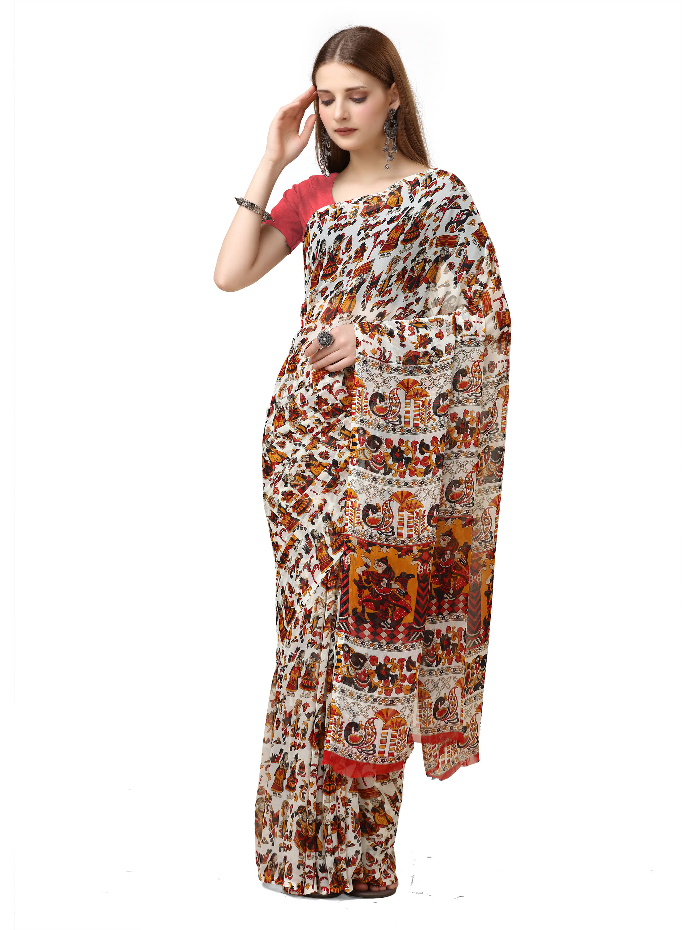 SHIRODHARI Georgette Printed Saree With Unstitched Blouse Piece ( Red ) SHIRODHARI Georgette Printed Saree With Unstitched Blouse Piece ( Red )