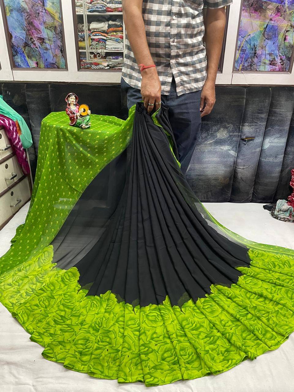 SHIRODHARI Georgette Printed Saree With Unstitched Blouse Piece ( Fluorescent Green ) SHIRODHARI Georgette Printed Saree With Unstitched Blouse Piece ( Fluorescent Green )