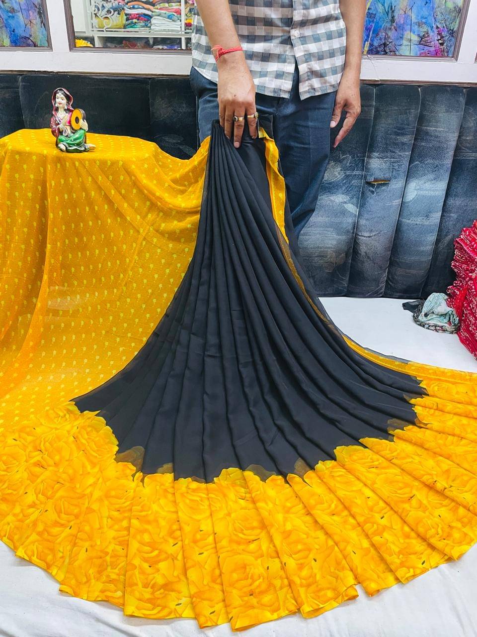 SHIRODHARI Georgette Printed Saree With Unstitched Blouse Piece ( Yellow ) SHIRODHARI Georgette Printed Saree With Unstitched Blouse Piece ( Yellow )