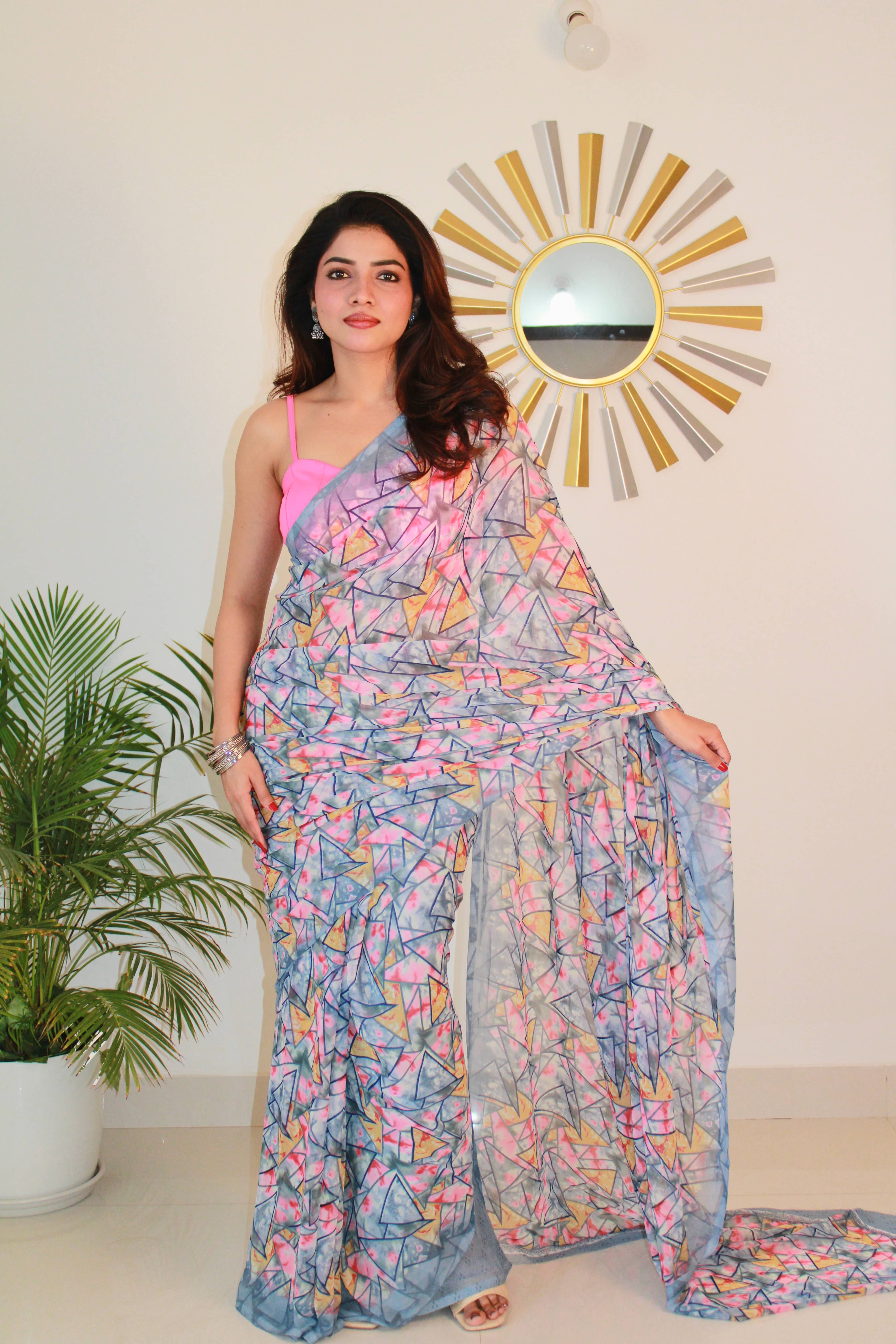     			SHIRODHARI Georgette Printed Saree With Unstitched Blouse Piece ( Grey )