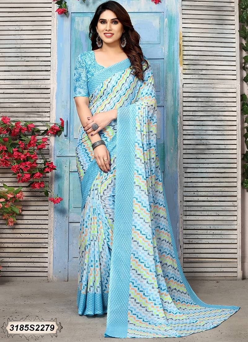     			SHIRODHARI Georgette Printed Saree With Unstitched Blouse Piece ( Light Blue )