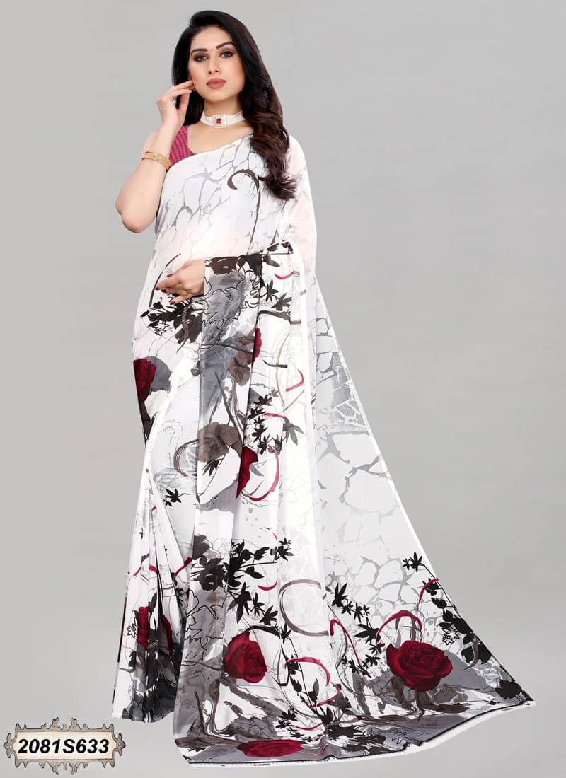 SHIRODHARI Georgette Printed Saree With Unstitched Blouse Piece ( White ) SHIRODHARI Georgette Printed Saree With Unstitched Blouse Piece ( White )