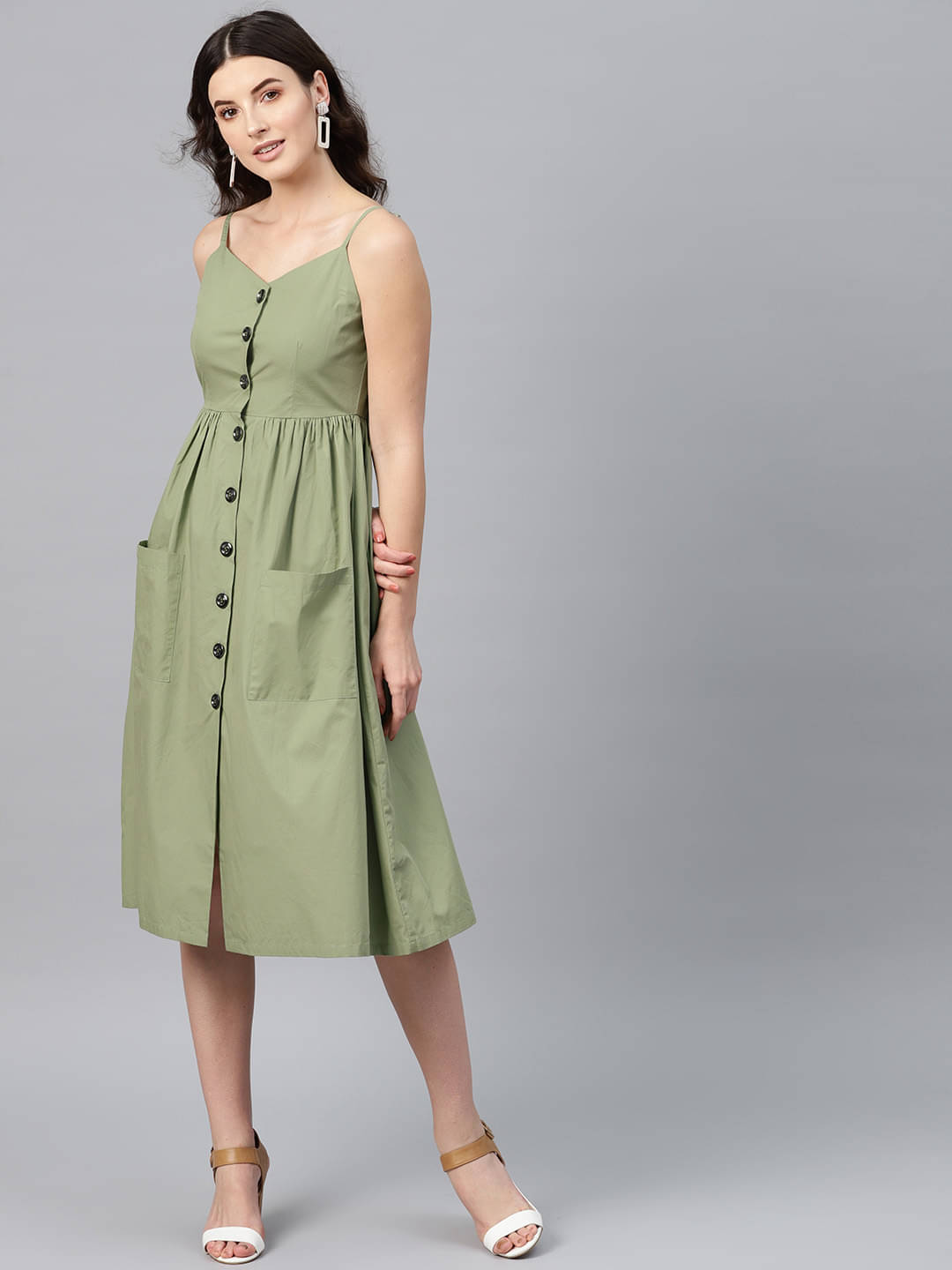     			Sassafras Women Polyester Blend Solid A-line Dress ( Olive )
