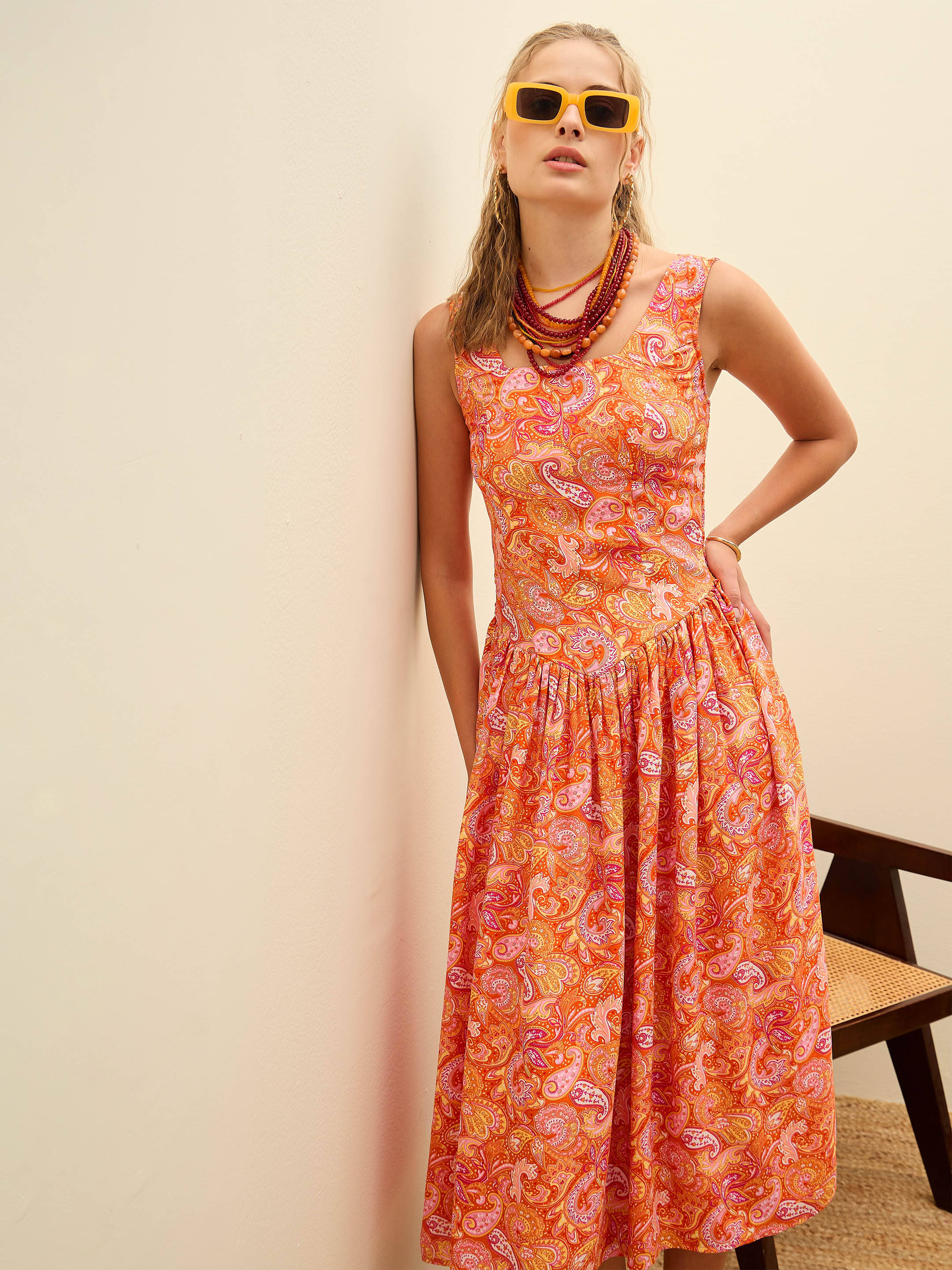 Sassafras Women Polyester Printed A-line Dress ( Orange ) Sassafras Women Polyester Printed A-line Dress ( Orange )