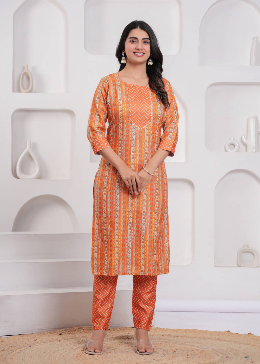 YAGNIK FASHION Women Cotton Blend Solid Straight Kurti With Pants ( Orange )
