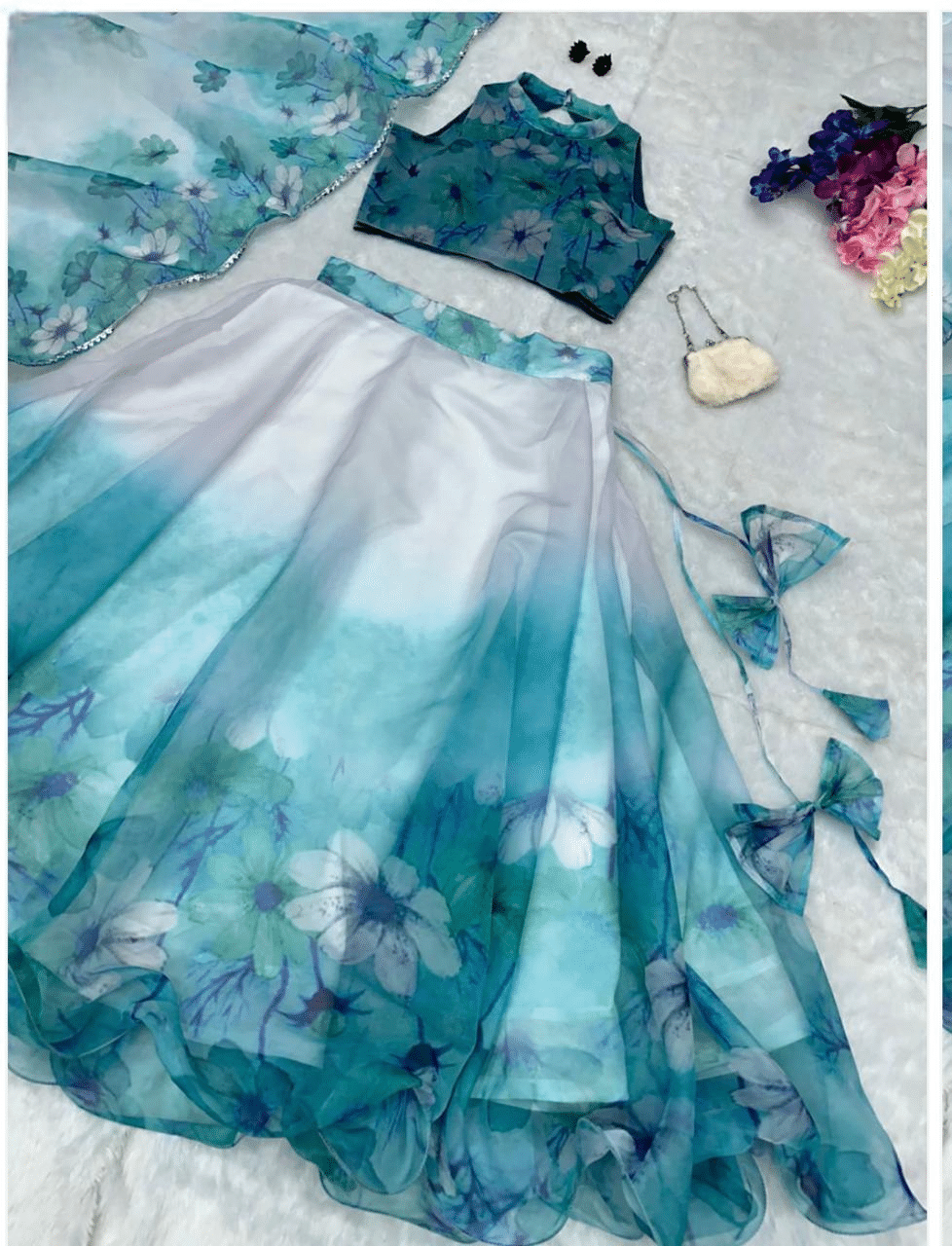     			ayush kumar Blue,White Georgette Chaniya Choli Semi Stitched Lehenga Single