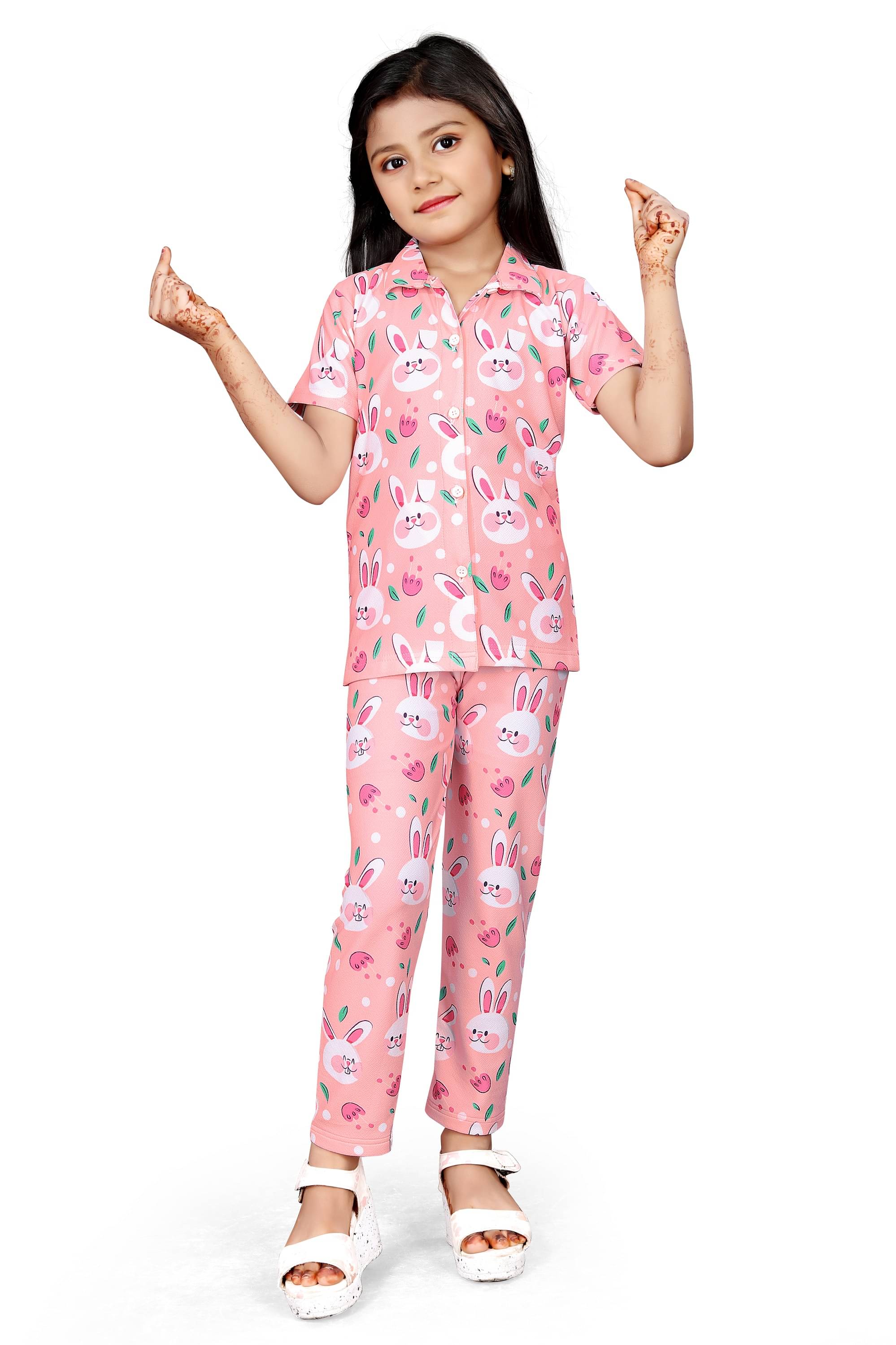     			bebiro Pack of 1 Girls Lycra Nightsuit Set ( Peach )
