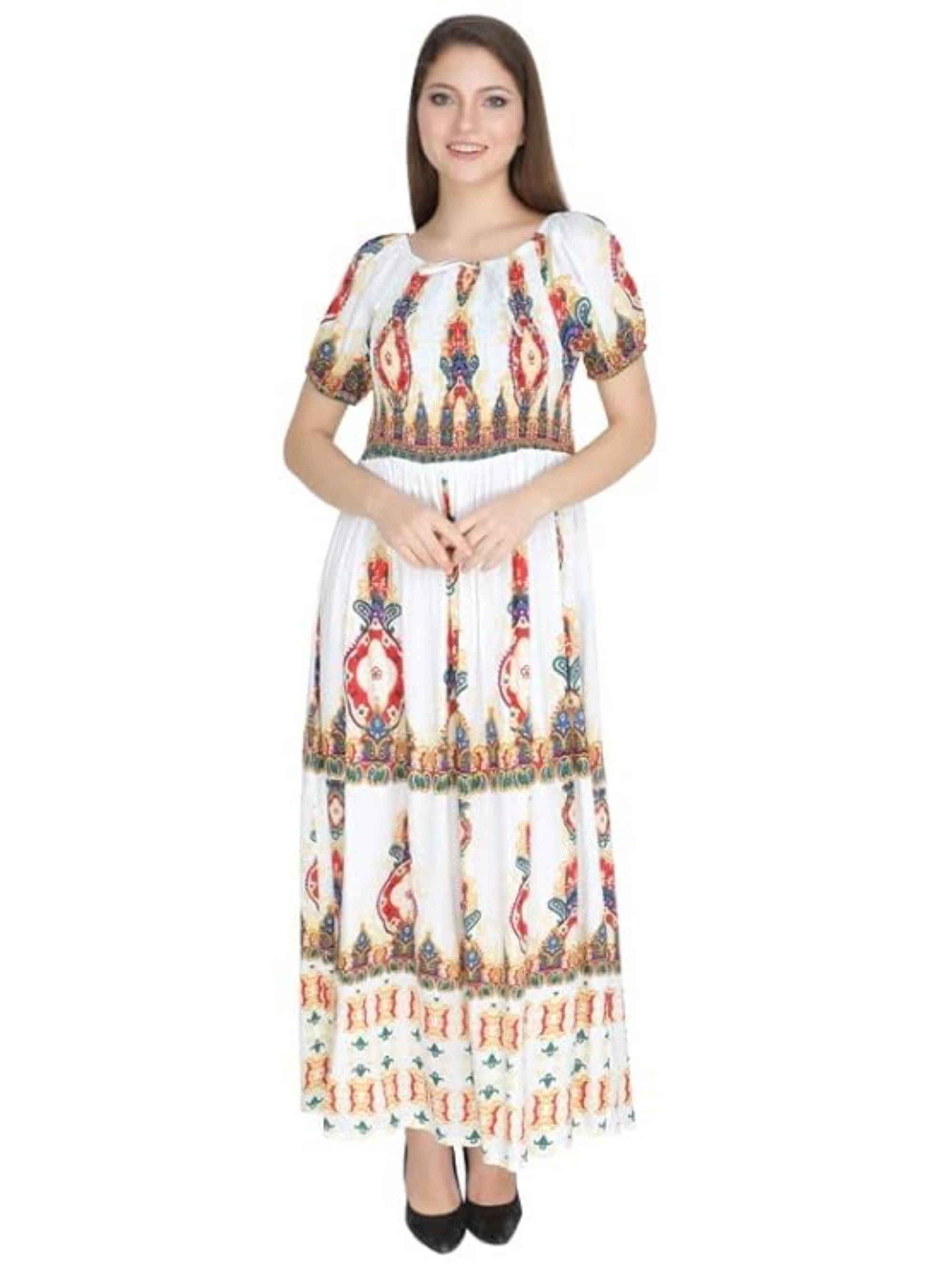 COMFY ATTIRE Women Rayon Printed Fit & Flare Dress ( White )     			COMFY ATTIRE Women Rayon Printed Fit & Flare Dress ( White )