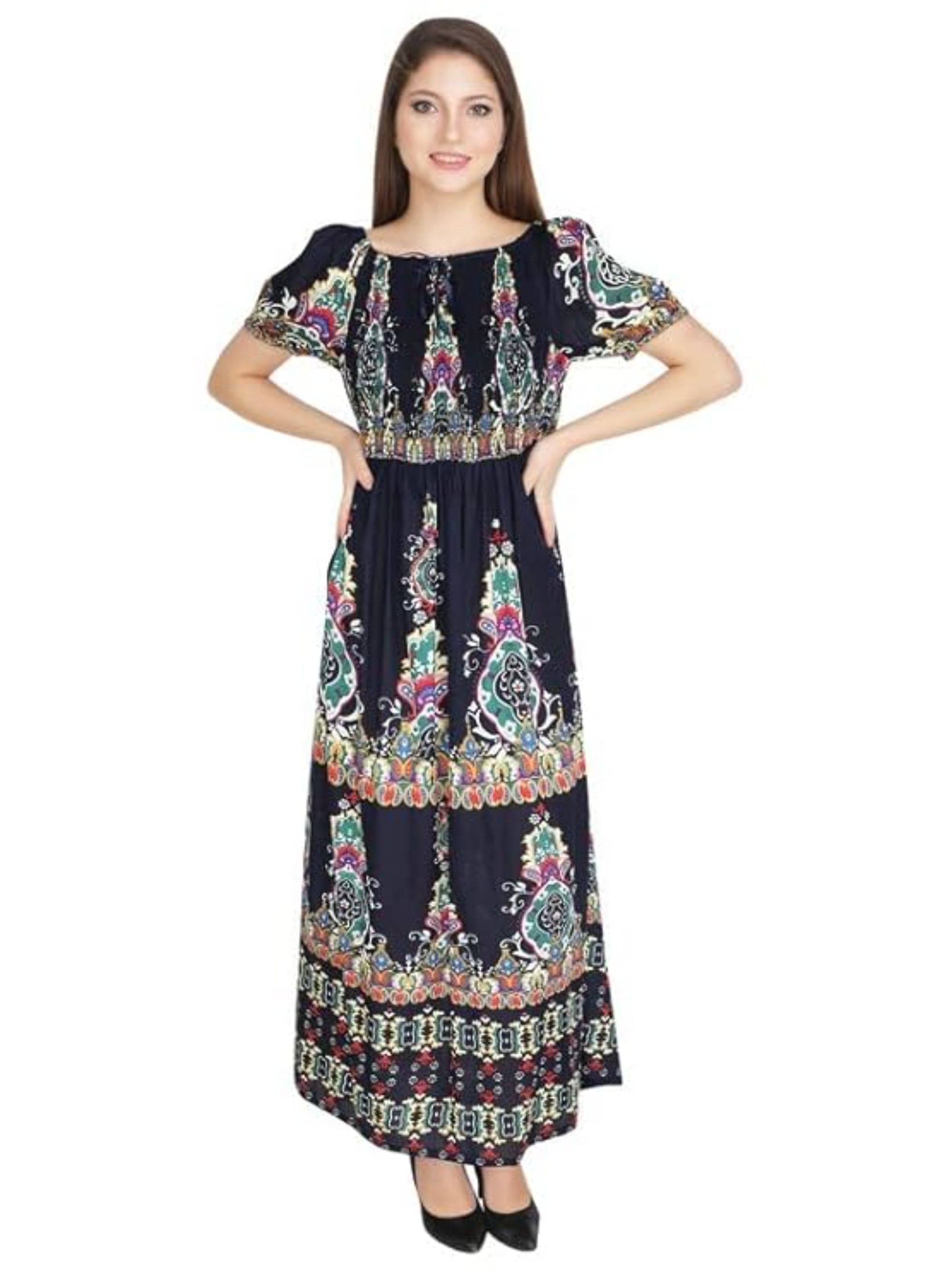 COMFY ATTIRE Women Rayon Printed Fit & Flare Dress ( Blue )     			COMFY ATTIRE Women Rayon Printed Fit & Flare Dress ( Blue )