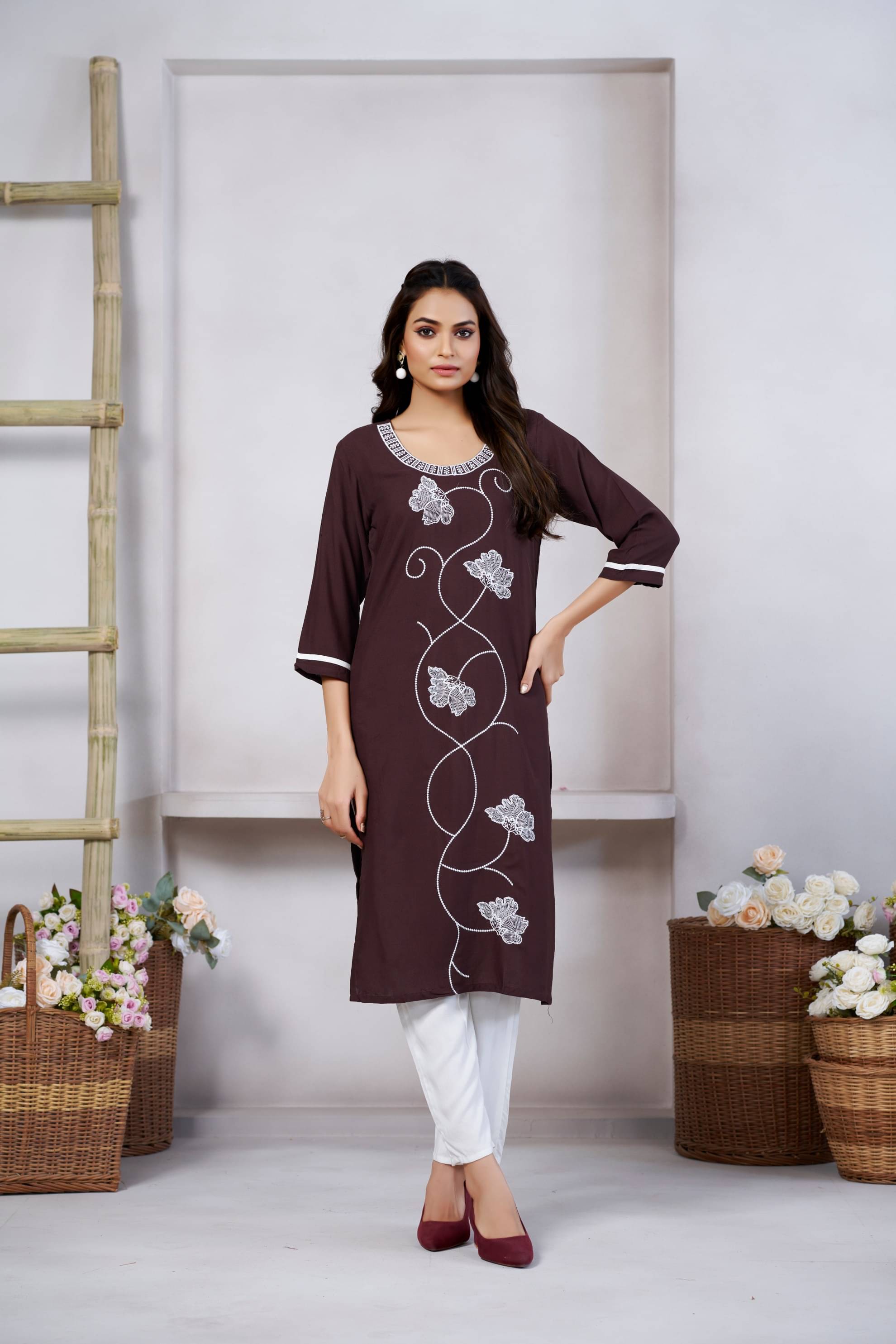 CYNOR Women Viscose Rayon Self Design Straight Kurti ( Brown ) CYNOR Women Viscose Rayon Self Design Straight Kurti ( Brown )