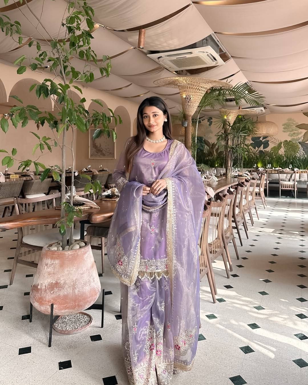     			DEBRIS FAB Women Net Self Design A-line Kurti With Sharara And Gharara ( Purple )