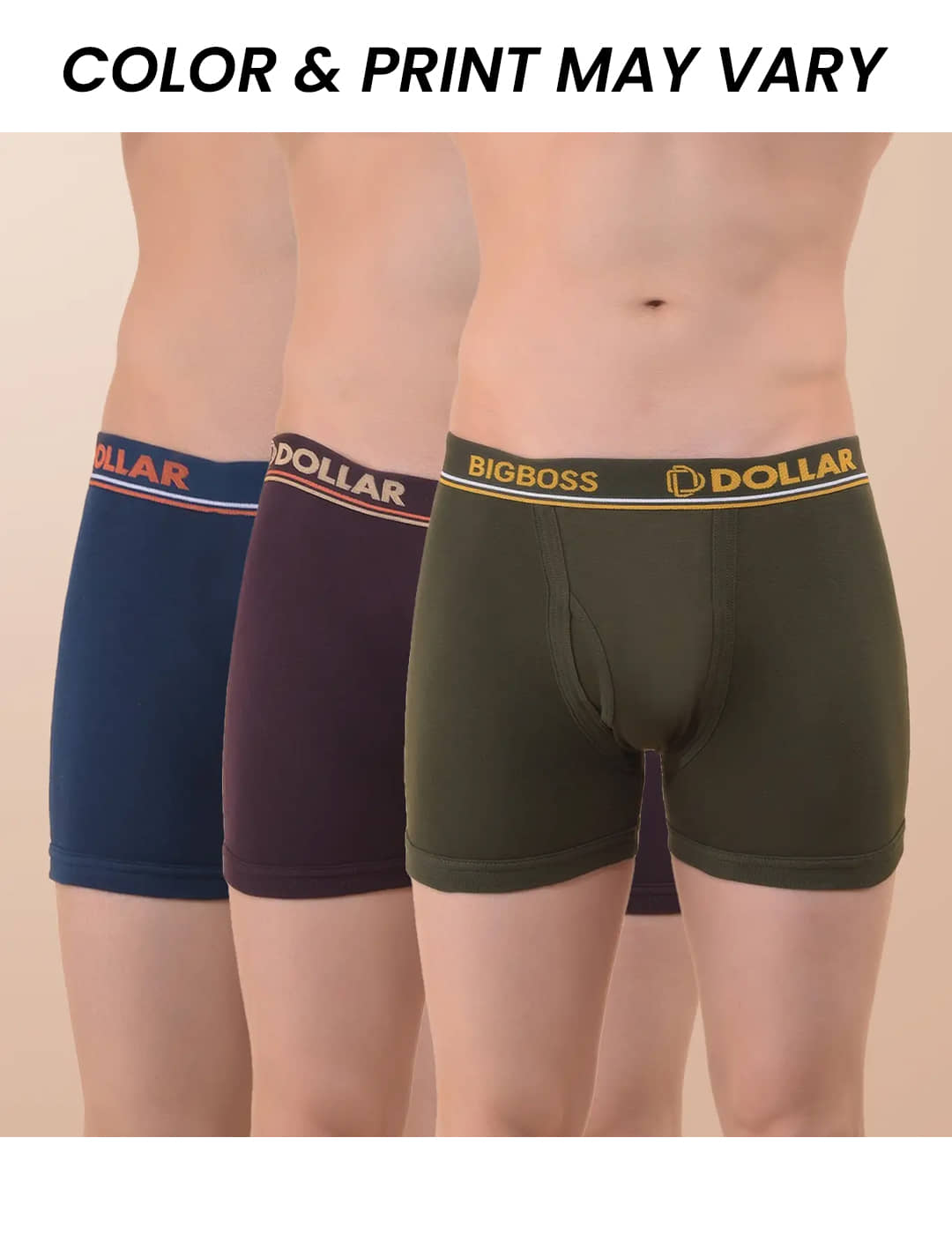 Dollar Bigboss Men's Pack of 3 Solid Combed Cotton Interlock Trunk (Colour May Vary)