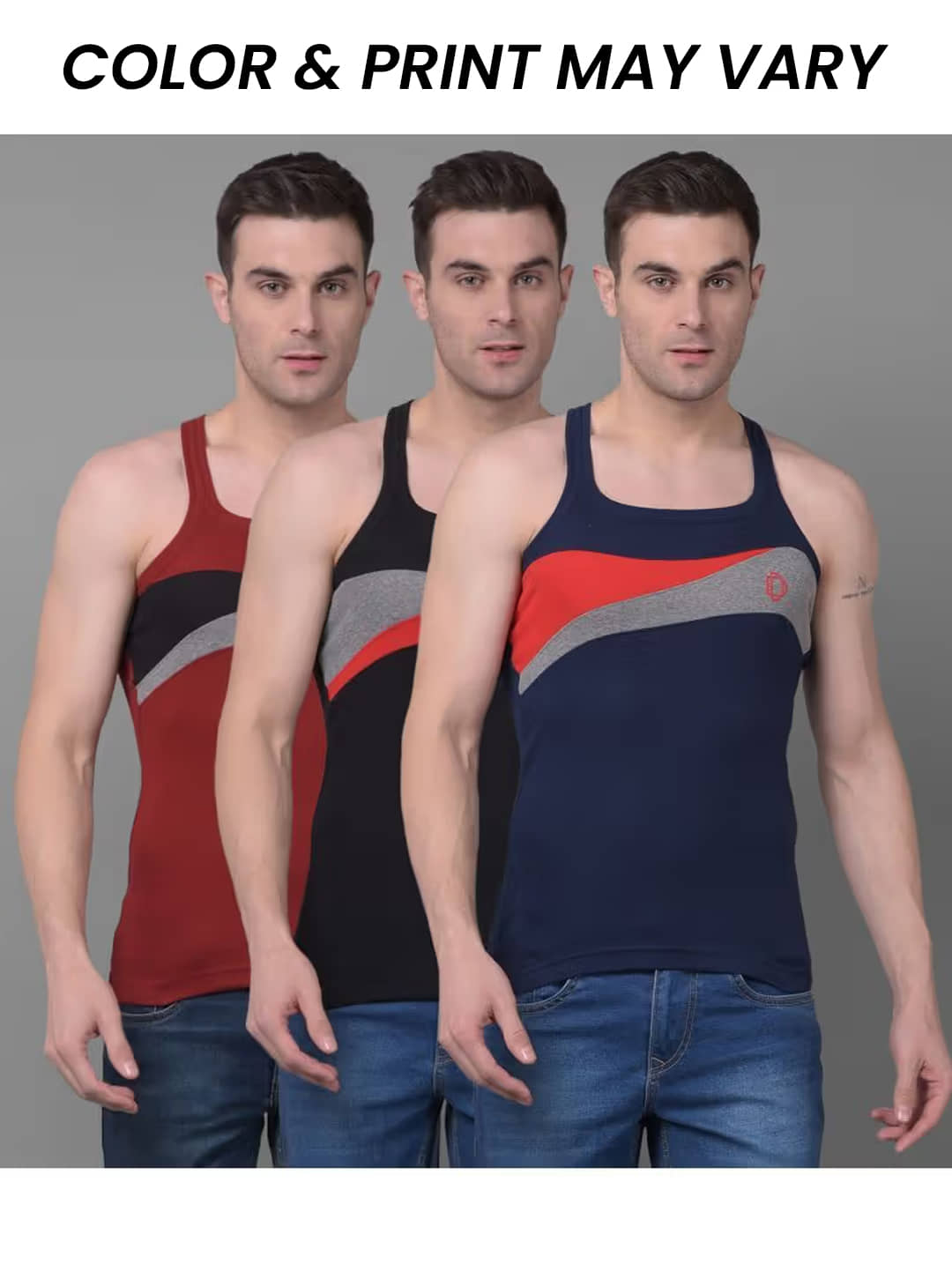 Dollar Bigboss Men's Pack of 3 Solid Combed Cotton Racerback Styled Gym Vest (Colour May Vary) - Nightwear & Loungewear | Buy online on ZillyBuy