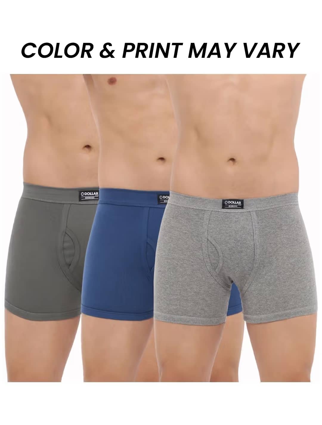 Dollar Bigboss Men's Pack of 3 Solid 100% Cotton Trunk With Spandex Integrated Waistband (Colour May Vary)