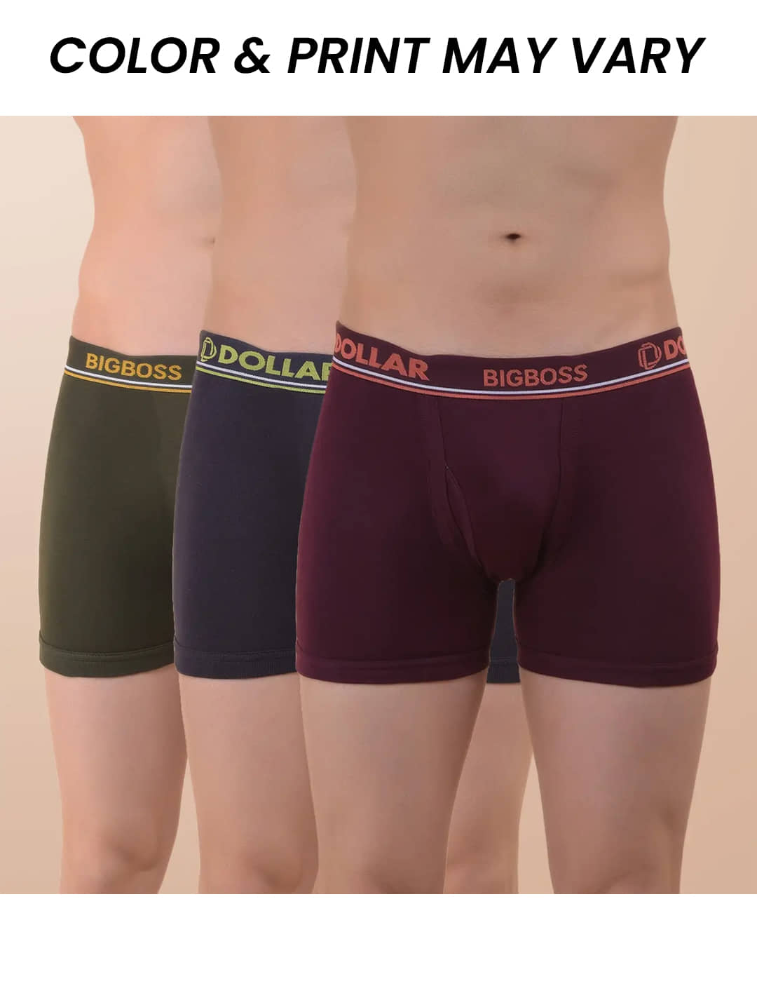 Dollar Bigboss Men's Pack of 3 Solid Combed Cotton Interlock Trunk (Colour May Vary)
