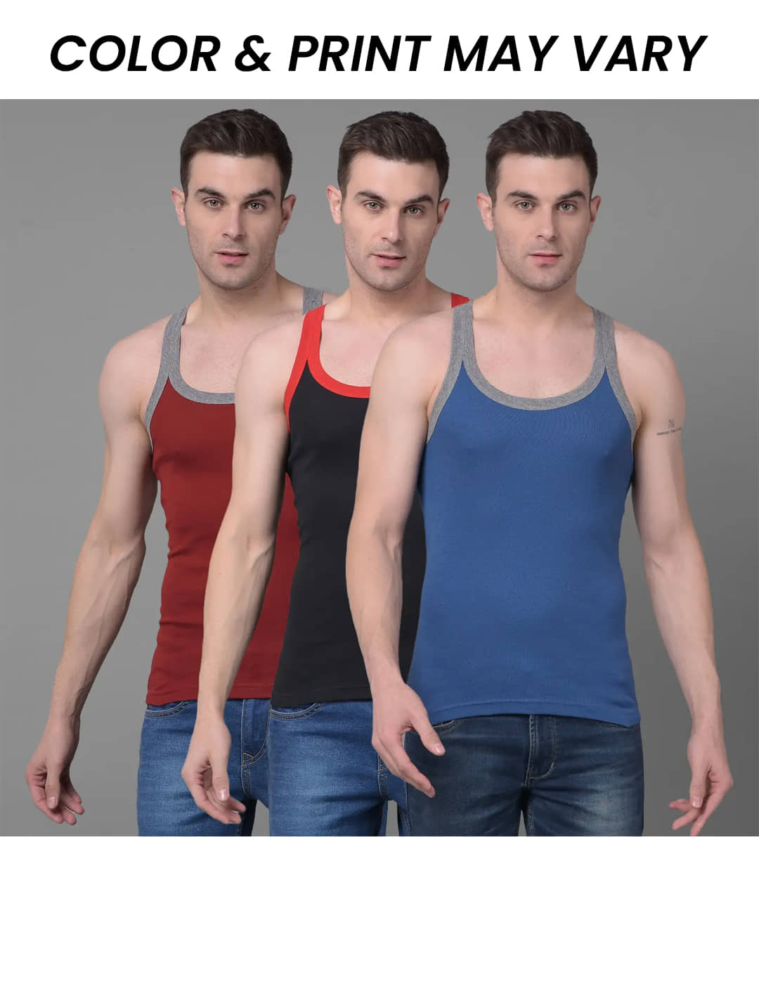 Dollar Bigboss Men's Pack of 3 Solid Combed Cotton Racerback Styled Gym Vest (Colour May Vary) - Nightwear & Loungewear | Buy online on ZillyBuy