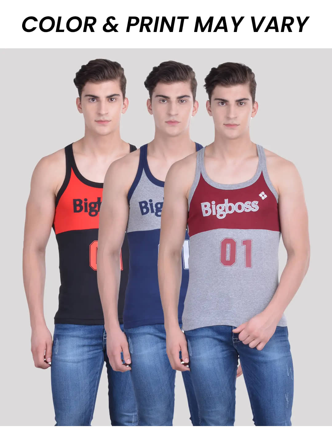 Dollar Bigboss Men's Pack of 3 Solid Combed Cotton Racerback Styled Gym Vest (Colour May Vary) - Nightwear & Loungewear | Buy online on ZillyBuy