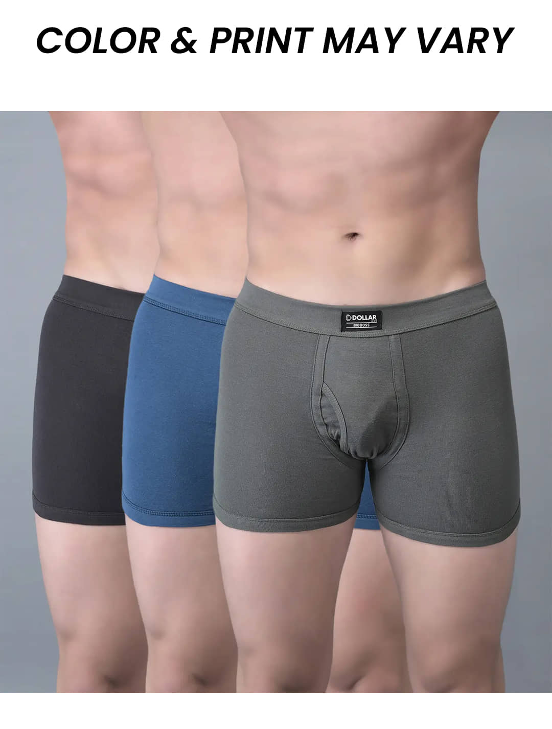 Dollar Bigboss Men's Pack of 3 Solid 100% Cotton Trunk With Spandex Integrated Waistband (Colour May Vary)