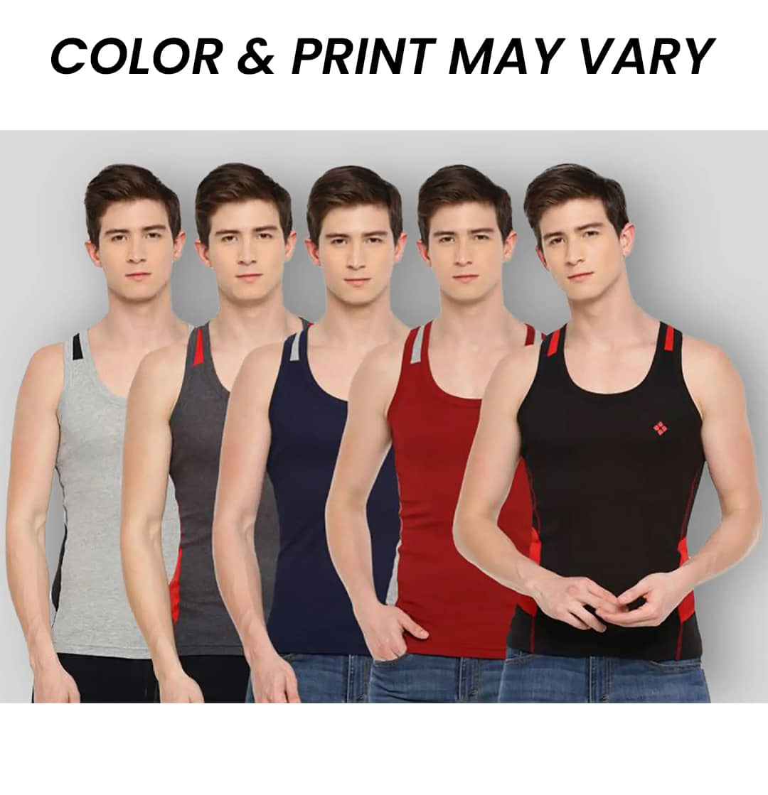 Dollar Bigboss Men's Pack of 5 Solid Combed Cotton Racerback Styled Gym Vest (Colour May Vary) - Nightwear & Loungewear | Buy online on ZillyBuy