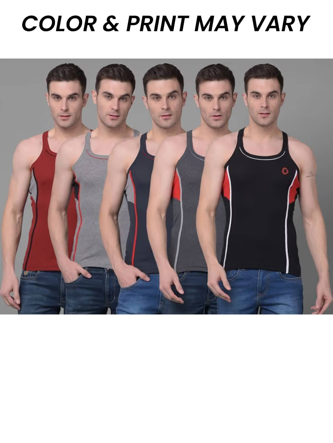 Dollar Bigboss Men's Pack of 5 Solid Combed Cotton Racerback Styled Gym Vest (Colour May Vary) - Nightwear & Loungewear | Buy online on ZillyBuy