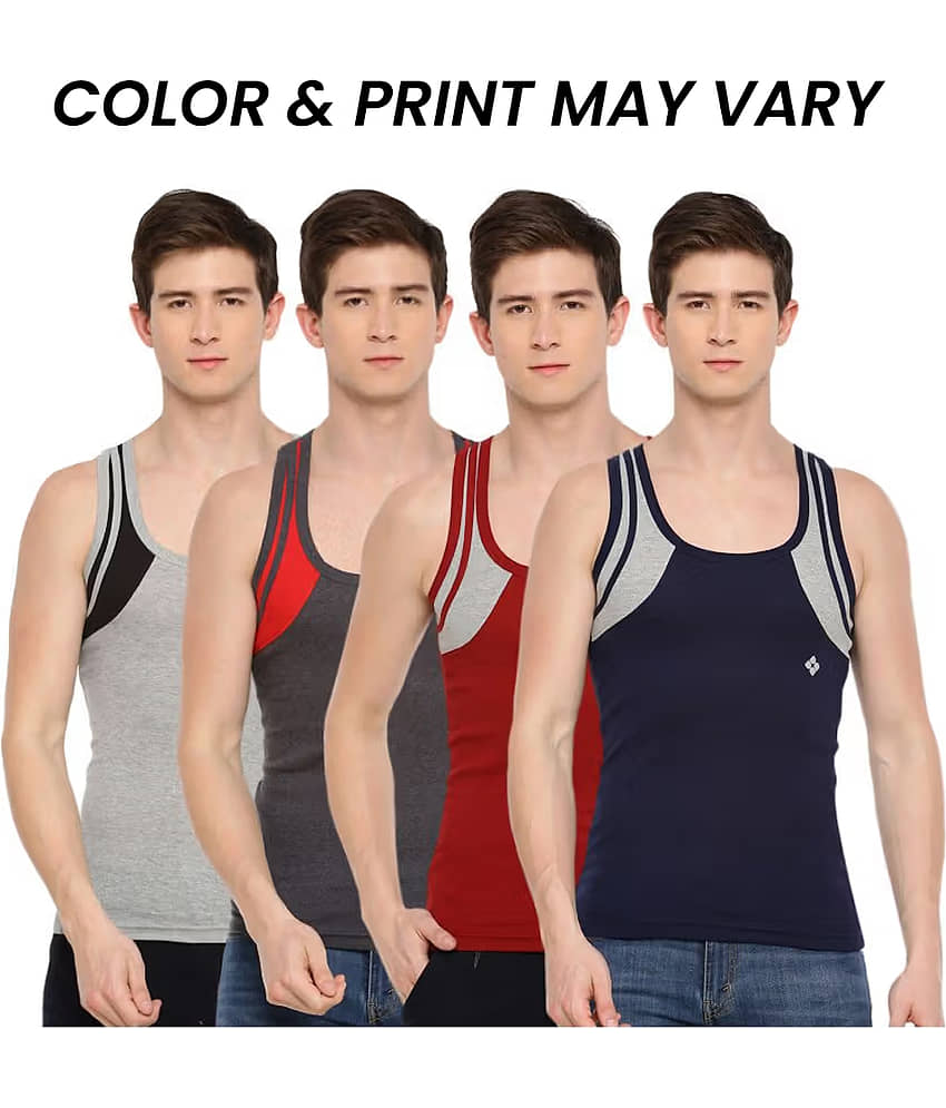 Dollar Bigboss Men's Pack of 4 Solid Combed Cotton Racerback Styled Gym Vest (Colour May Vary) - Nightwear & Loungewear | Buy online on ZillyBuy