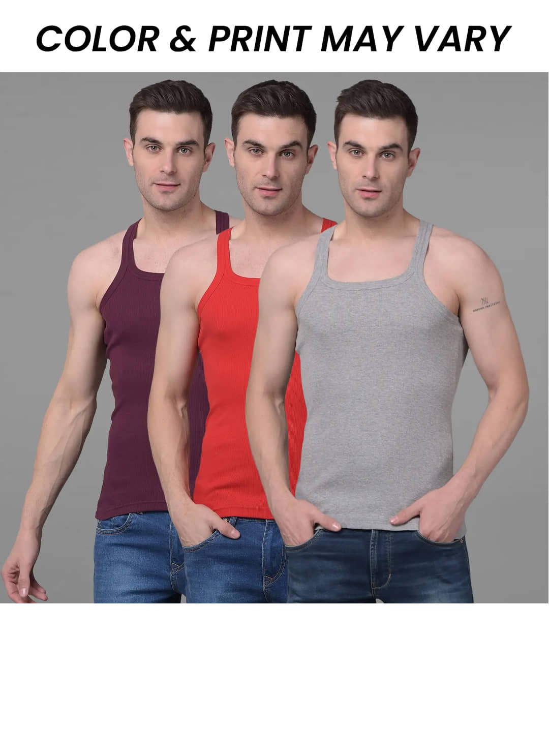 Dollar Bigboss Men's Pack of 3 Solid Combed Cotton Racerback Styled Gym Vest (Colour May Vary) - Nightwear & Loungewear | Buy online on ZillyBuy