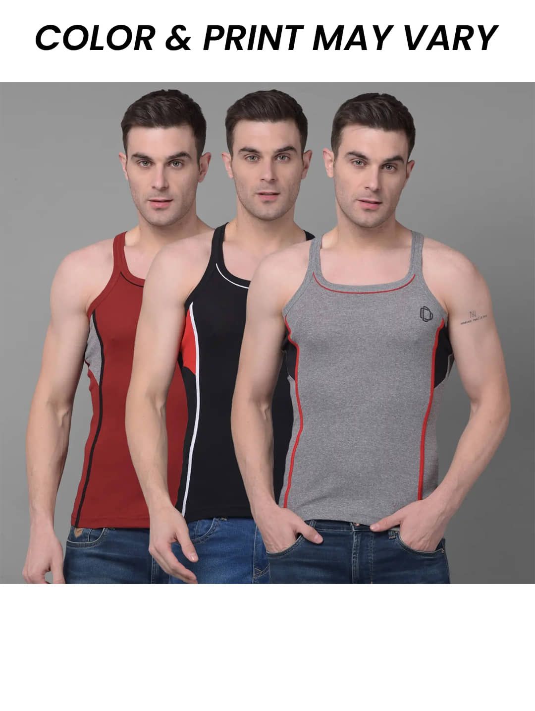 Dollar Bigboss Men's Pack of 3 Solid Combed Cotton Racerback Styled Gym Vest (Colour May Vary) - Nightwear & Loungewear | Buy online on ZillyBuy