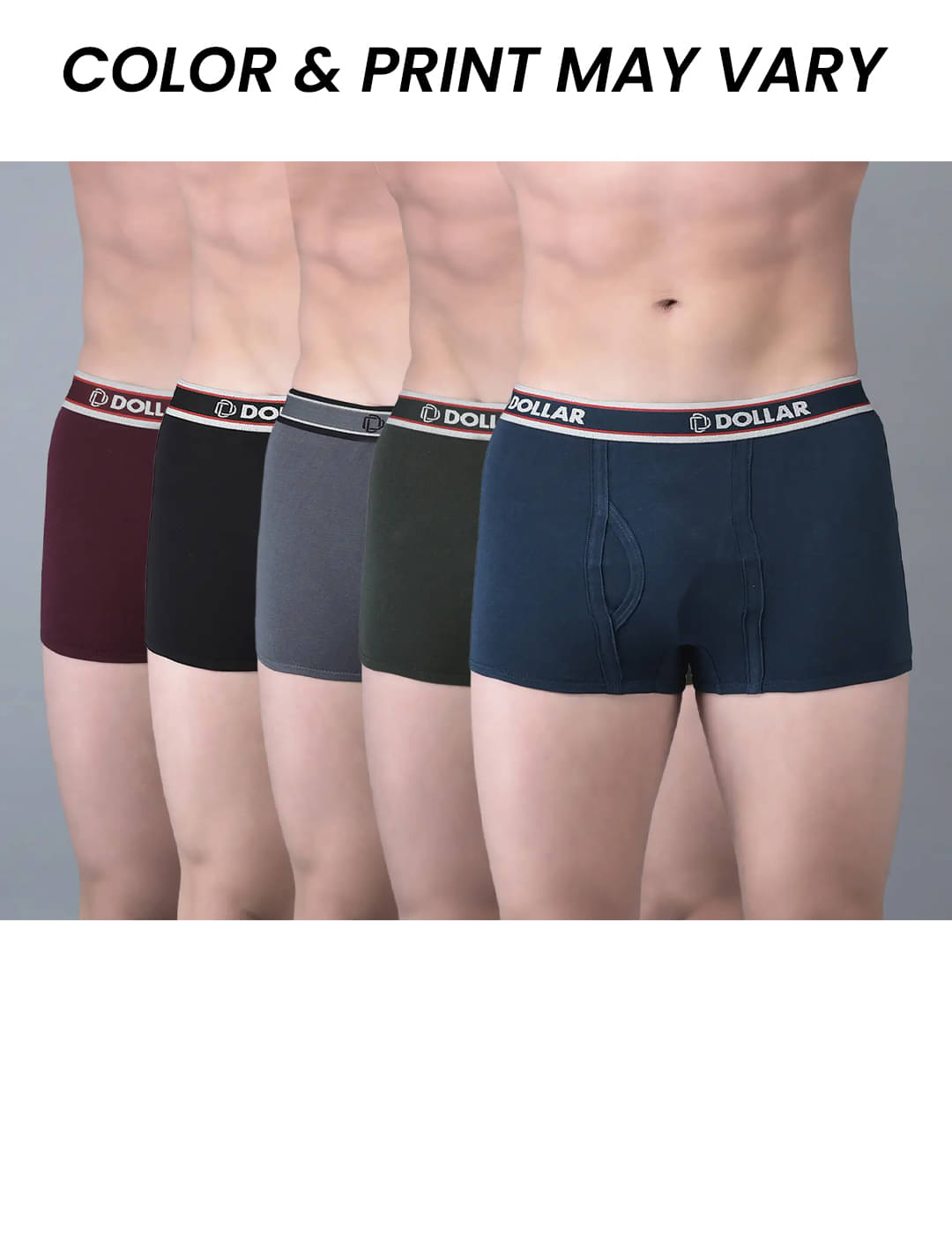Dollar Bigboss Men's Pack of 5 Solid Combed Cotton Trunk With Double Pouch Support (Colour May Vary) Dollar Bigboss Men's Pack of 5 Solid Combed Cotton Trunk With Double Pouch Support (Colour May Vary)