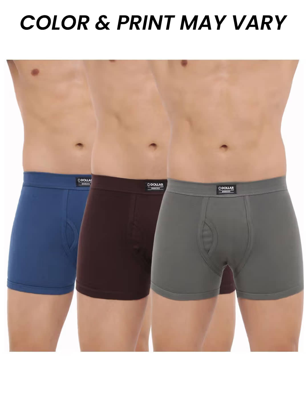 Dollar Bigboss Men's Pack of 3 Solid 100% Cotton Trunk With Spandex Integrated Waistband (Colour May Vary)